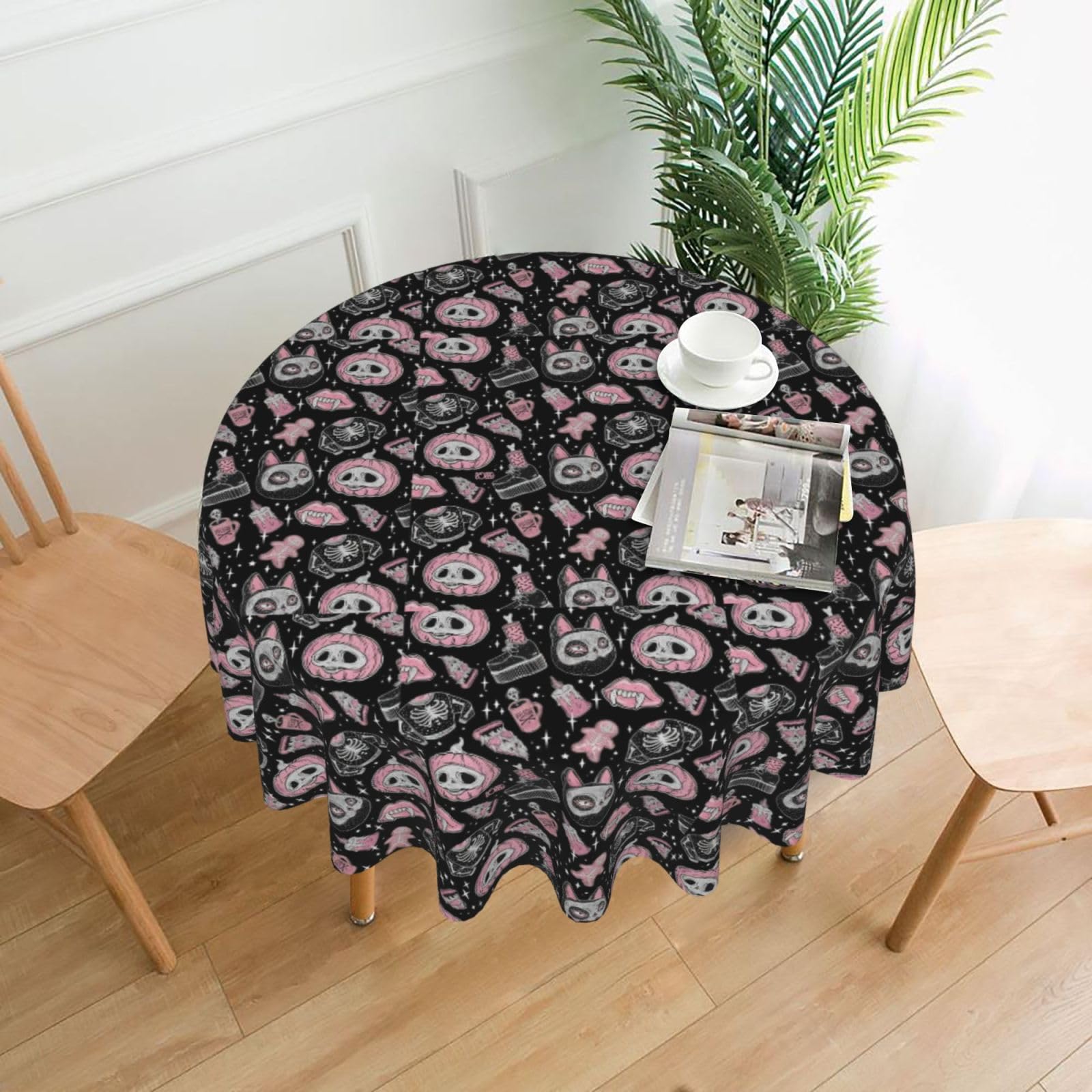 Nbtghga Halloween Pumpkin Cat Print Tablecloth Round Border Table Cloth Cover Decorative For Party Holiday Dinning Tabletop Home