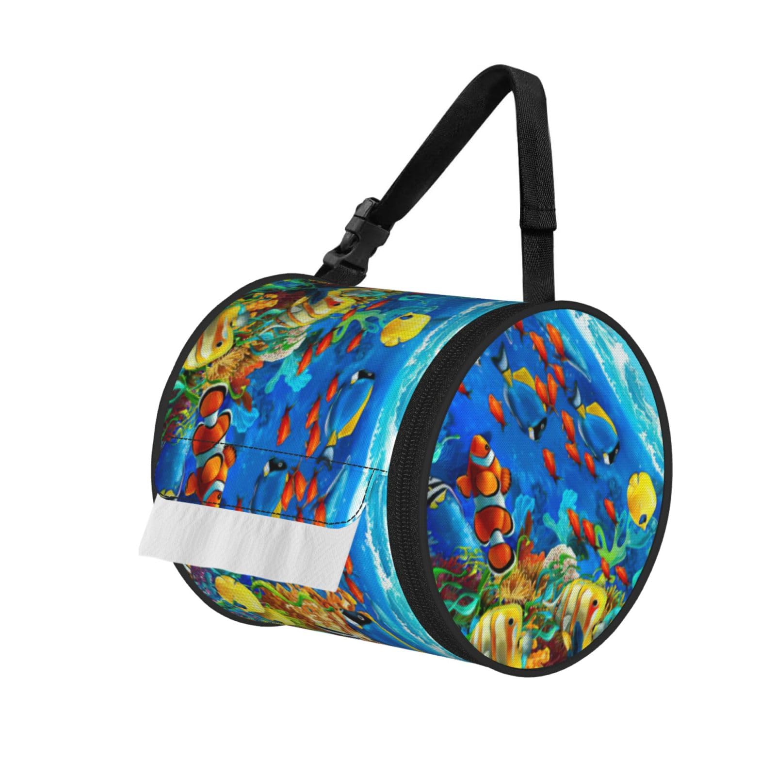 Ocean Tropical Fish Coral Undersea World Printed Hanging Tissue Organizer, Smooth Zipper Oxford Cloth Roll Holder for RV Bathroom Desk