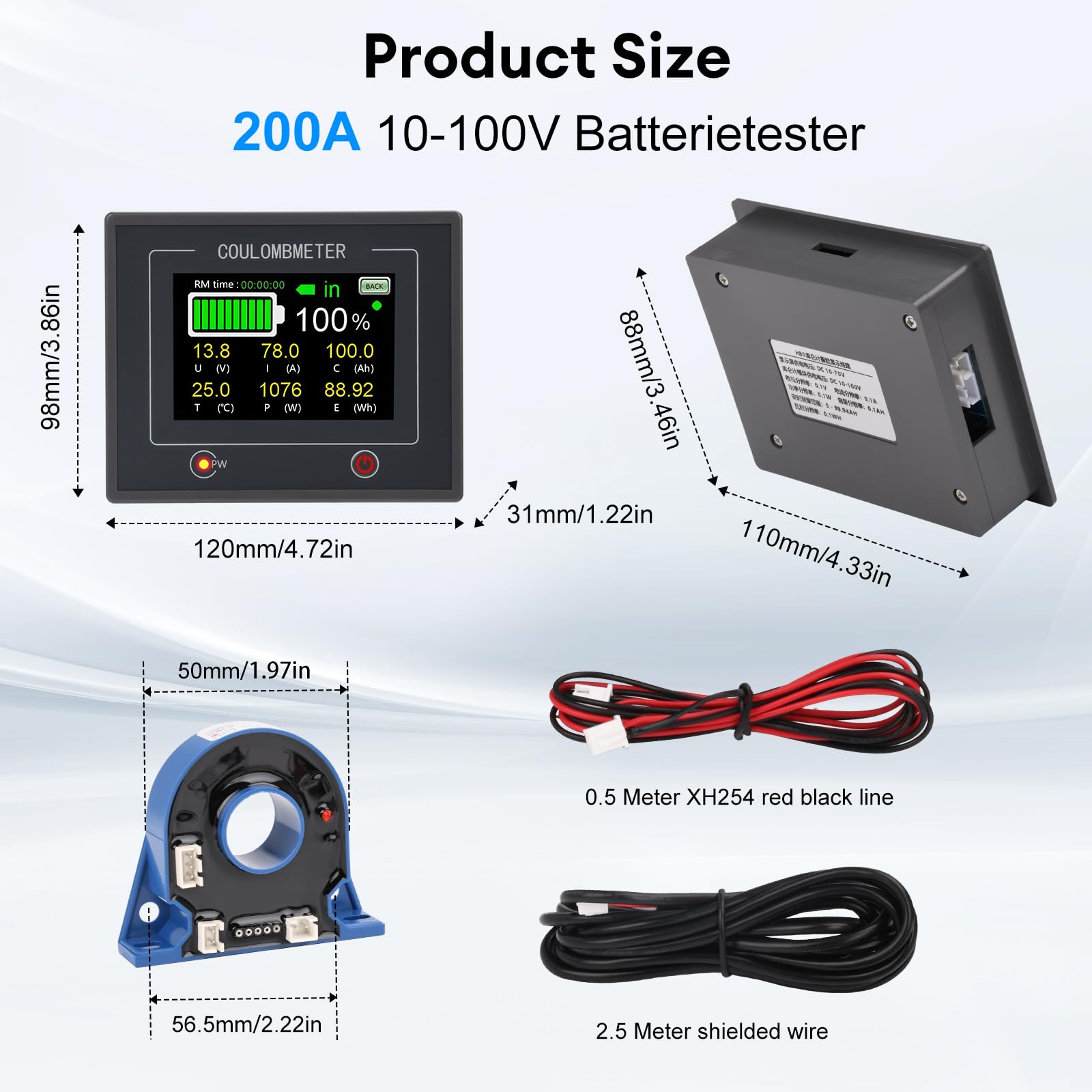 200A Digitaler Batteriewächter 12V 24V 36V 48V Batteriemessgerät Multifunktionaler,3,5" Touchable Batteriekapazitätsmonitor 10-100V LCD Display für Blei-Säure-Lithium Batterie mit Alarm