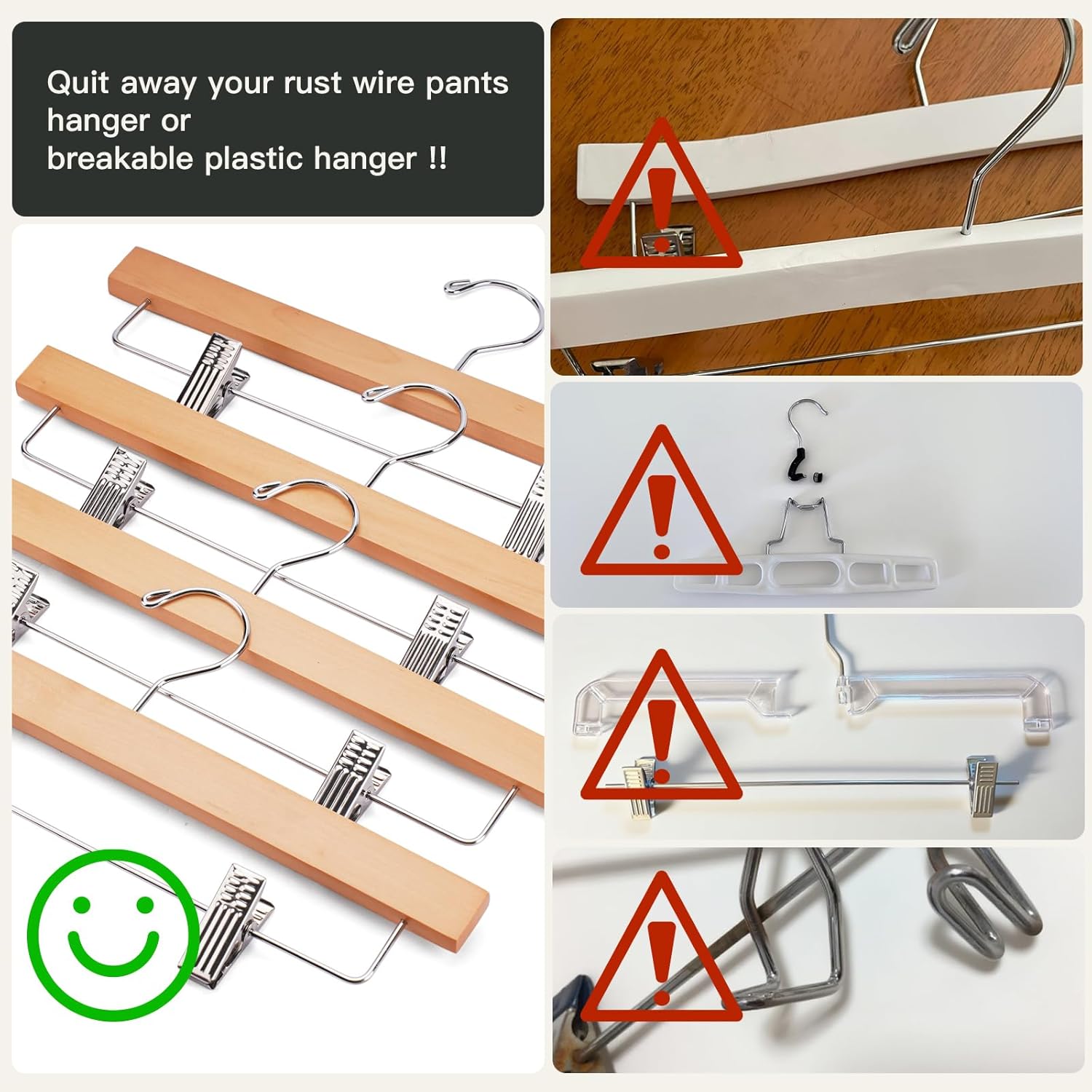 Skirt Hangers 20 Pack Wooden Pants Hangers,Smooth Solid Wood Skirt Hangers,360 Swivel Hooks & Adjustable Clips,for Jeans,Trouser,Shorts,Scarf.(Natural)