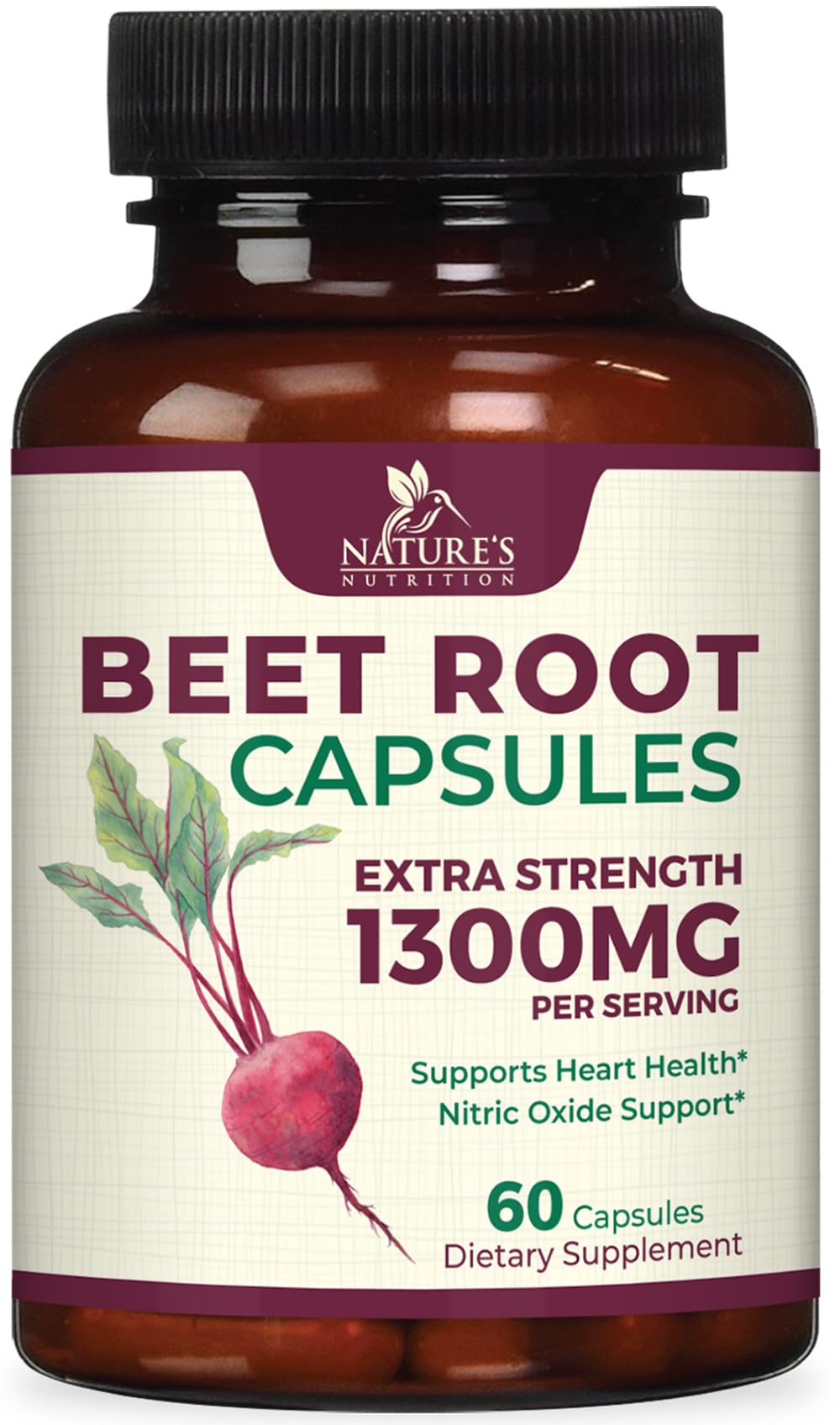 Beet Root Capsules 1300mg - Extra Strength Red Beetroot Powder Supplement – Supports Nitric Oxide Production, Heart Health & Natural Energy – Non-GMO, Vegan, Gluten Free – 60 Veggie Capsules