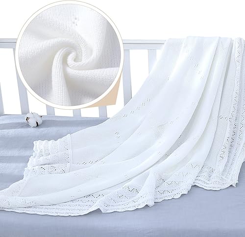 Miniatura 6 de Booulfi Manta de bebé, manta blanca para recepción, bautizo, toalla para recién nacidos, niños y niñas, manta térmica de algodón blanco