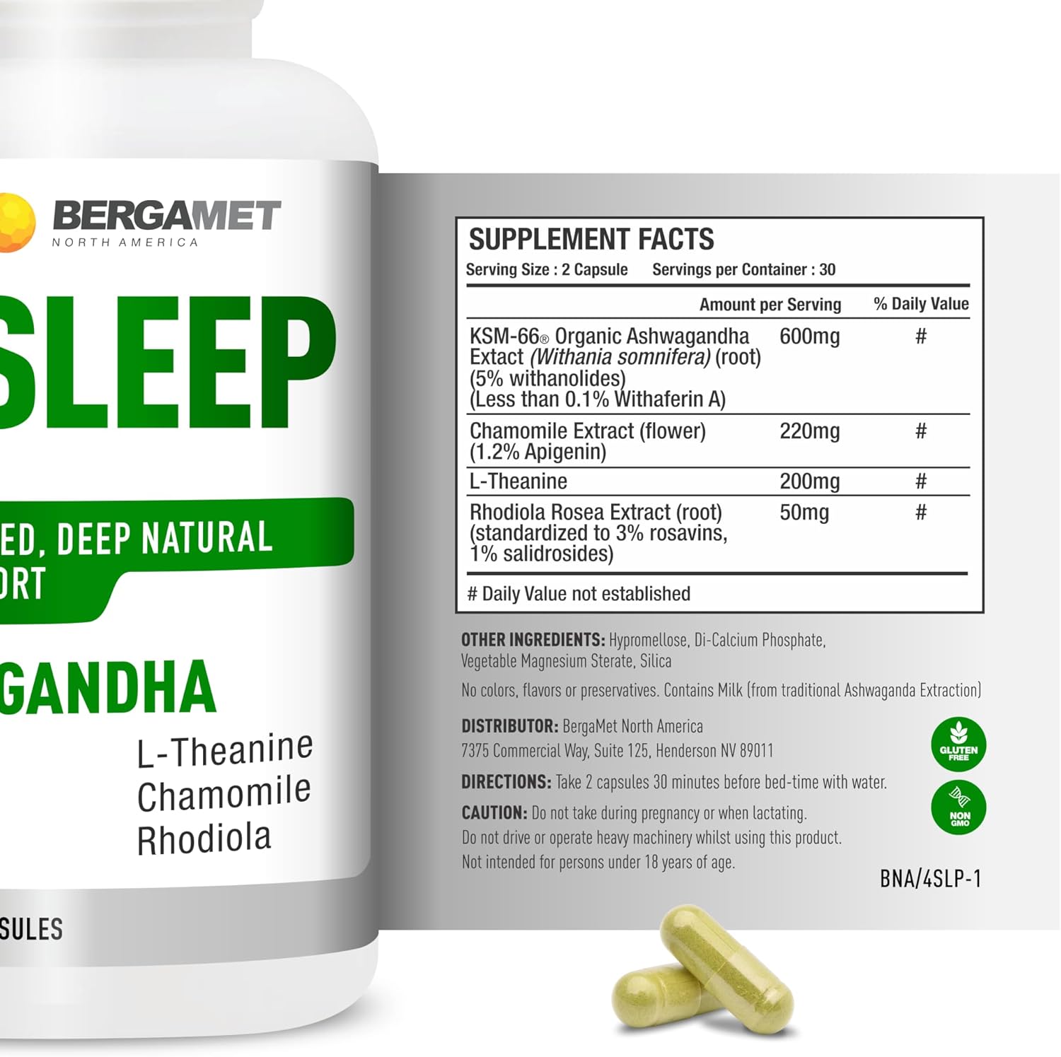 BergaMet 4 Sleep Support Formula with Ashwagandha KSM-66, Rhodiola, Chamomile Extract & L-Theanine – Natural Aid for Restful Nights and Stress Relief with no Melatonin – 60 Capsules