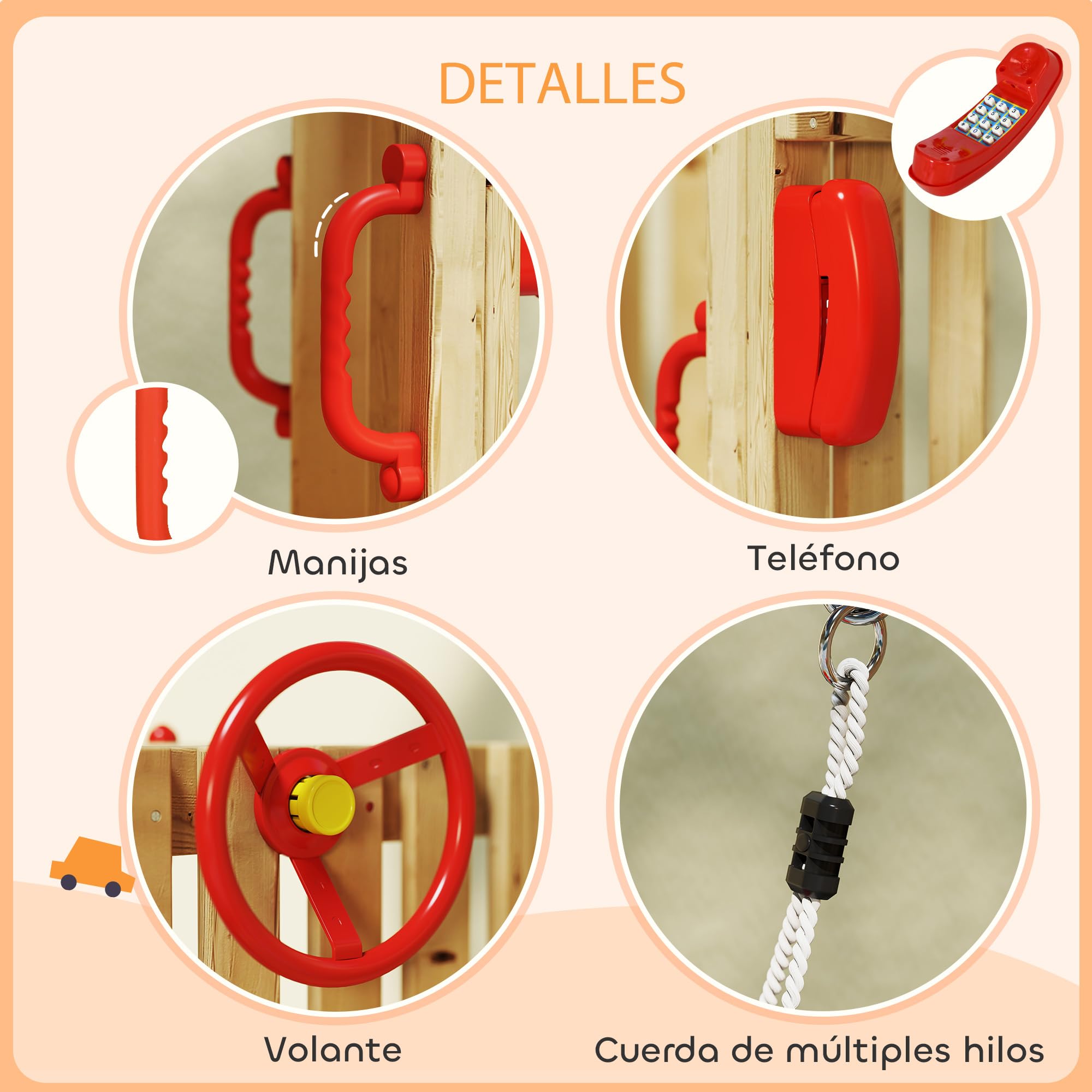 Outsunny Columpio y Tobogán Infantil, 5 en 1, Parque Infantil Exterior de Madera con Columpio, Tobogán, Volante, Bocina, Teléfono, para Niños de 18-48 Meses, para Patio, Césped, Rojo