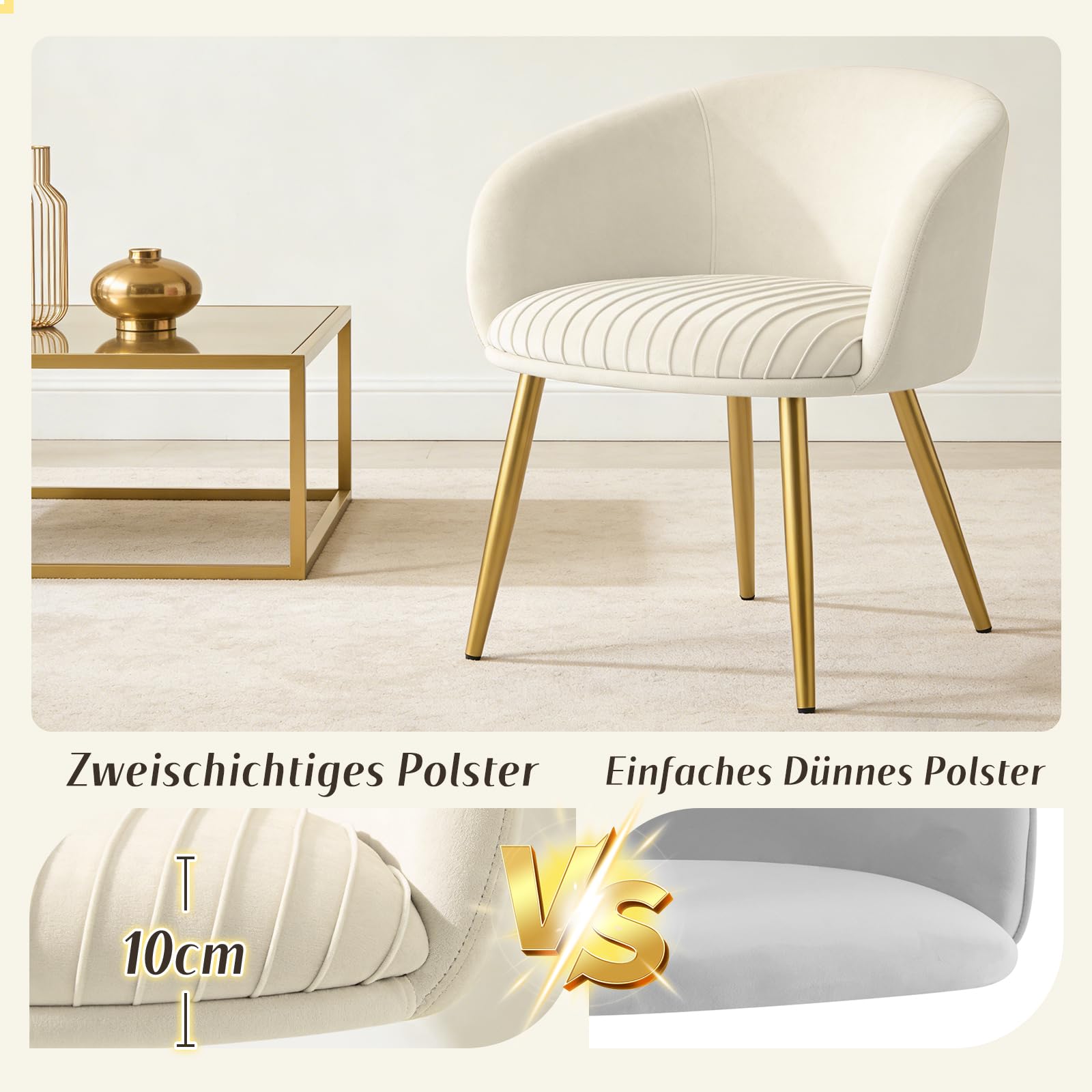 Hellove Schminktisch Stuhl aus Samt, Schminkstuhl Modern Polsterstuhl mit Metallbeinen, Relaxsessel, Vanity Sessel, Elegant Loungesessel, Armlehnstuhl für Schlafzimmer & Wohnzimmer, Beige