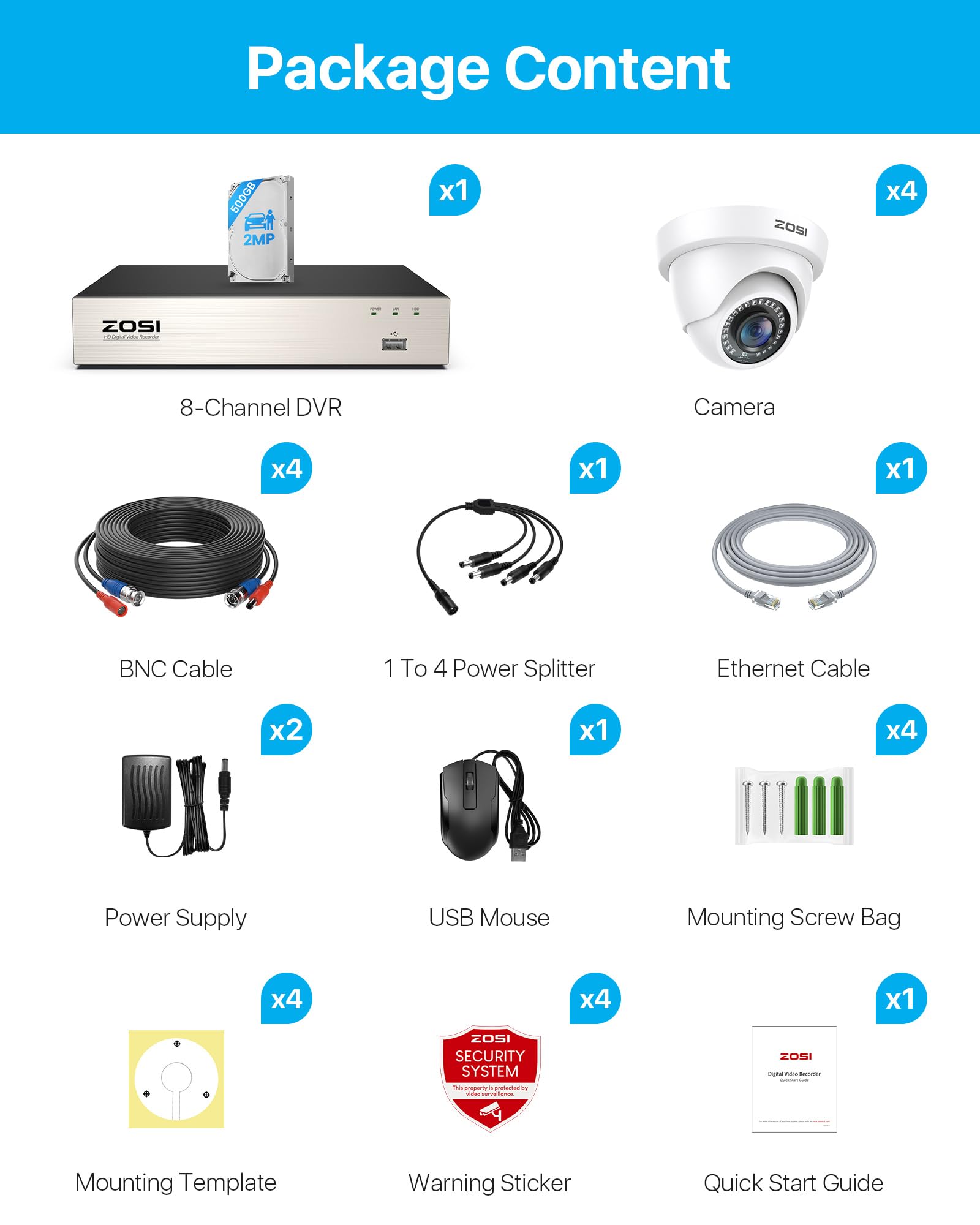 ZOSI 2MP Kit Cámaras de Vigilancia Cableada para Hogar y Negocio 4 1080P CCTV Cámara Seguridad Interior y Exterior con 8CH DVR Sistema 500GB Disco Duro, Detección de Personas, Visión Nocturna
