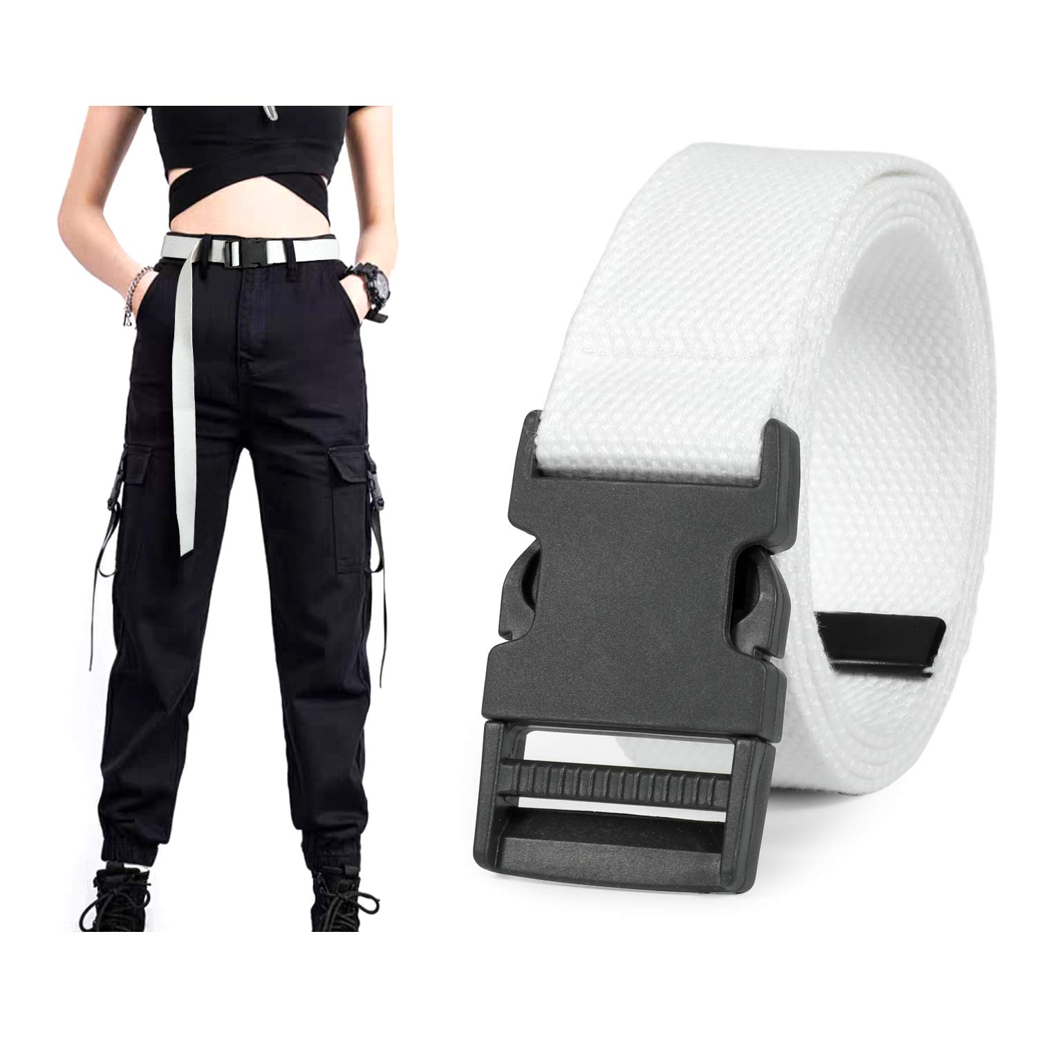 SANSTHSCanvas Long Belt for Women Hip Hop Streetwear Style Black Buckle Cargo Belt with Flat Plastic Buckle for Jeans Dress
