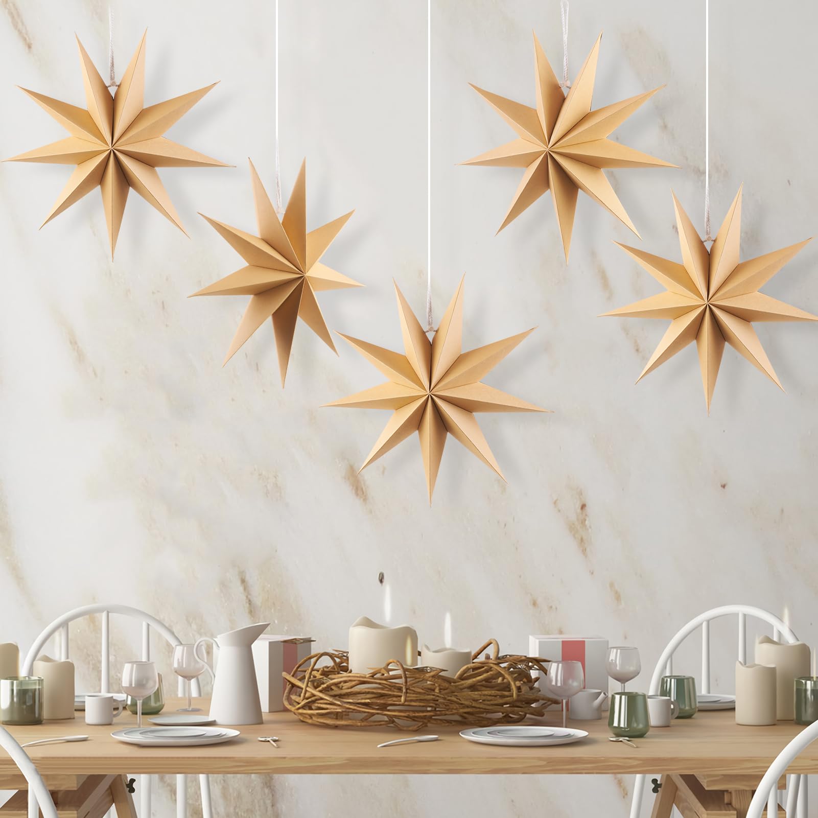 Lot De 5 étoiles De Noël Pliantes En Papier Kraft - Diamètre 12 Pouces, Design 9 Pointes, Décoration Fenêtre Ou Plafond