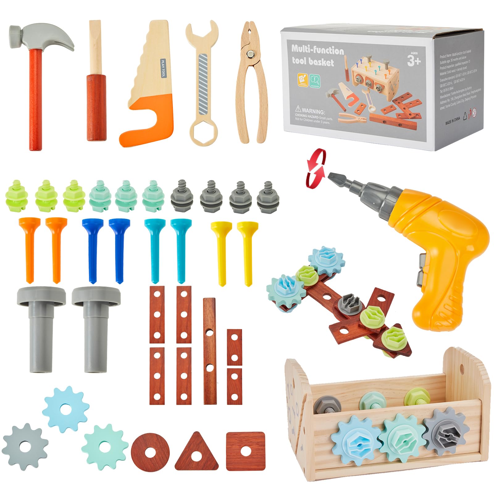 Juego de herramientas para niños – 54 piezas de herramientas de madera para niños pequeños con caja de madera, juguete educativo de construcción para niños de 2, 3, 4, 5, 6 años, taladro de juguete