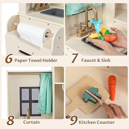 Miniatura 6 de INFANS Juego de cocina esquinera para niños, juego de cocina de madera con campana extractora, contenedor de basura, gabinete de almacenamiento de