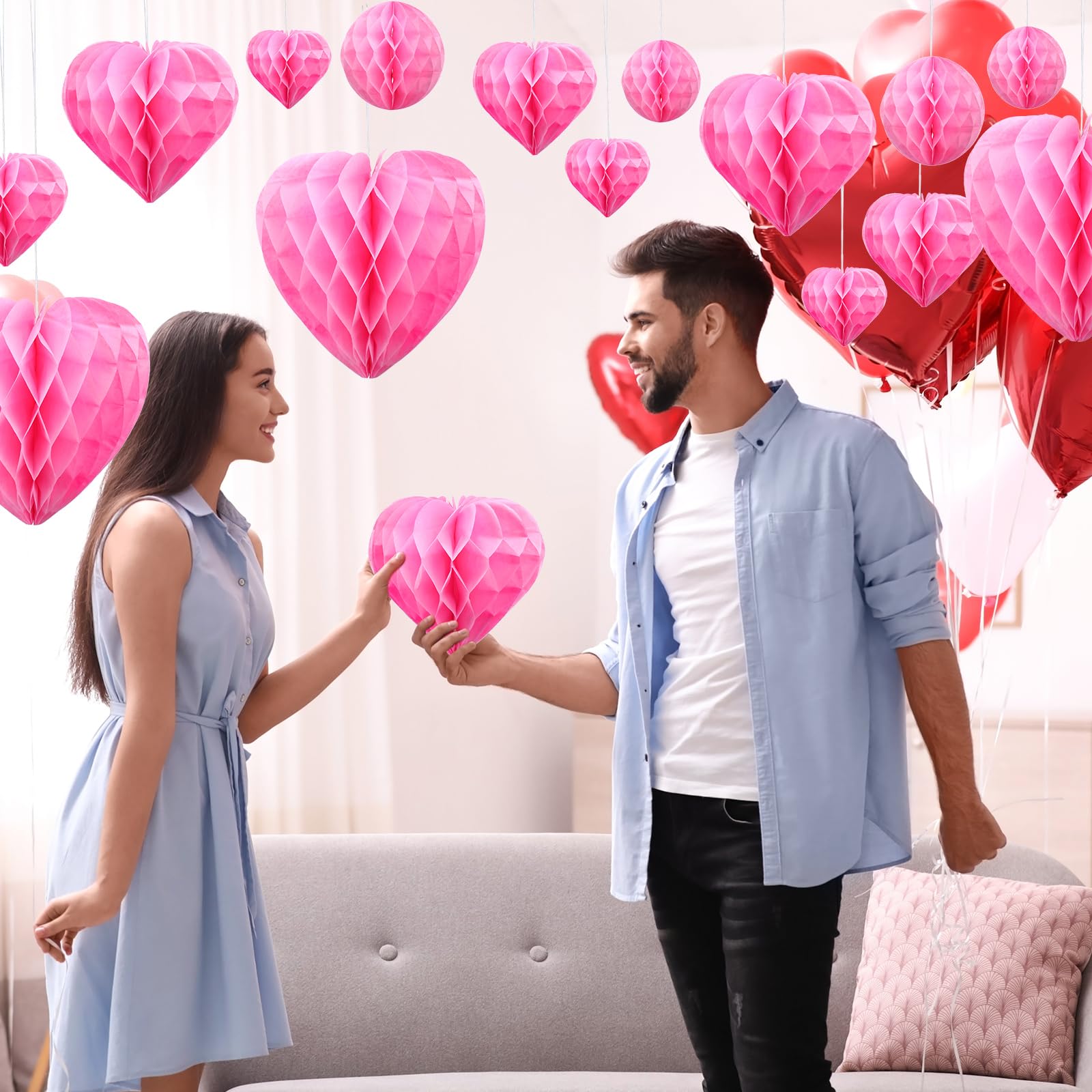 Yexiya Wabenbälle zum Valentinstag, Papier-Pompons, Wabenbälle, Dekorationen, Herzen, Dekorationen, Herzen, Seidenpapier für Verlobung, Hochzeit, Brautschmuck, Geburtstag, Rosa, 36 Stück
