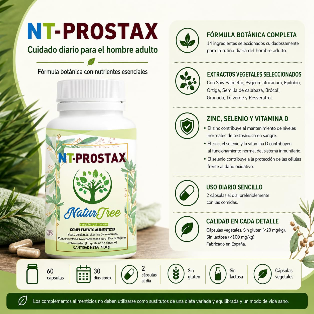 NT-Prostax | Saw Palmetto, Pygeum y Epilobio | Próstata 60 caps | Zinc, selenio, ortiga, calabaza y extractos vegetales para hombres adultos 40+
