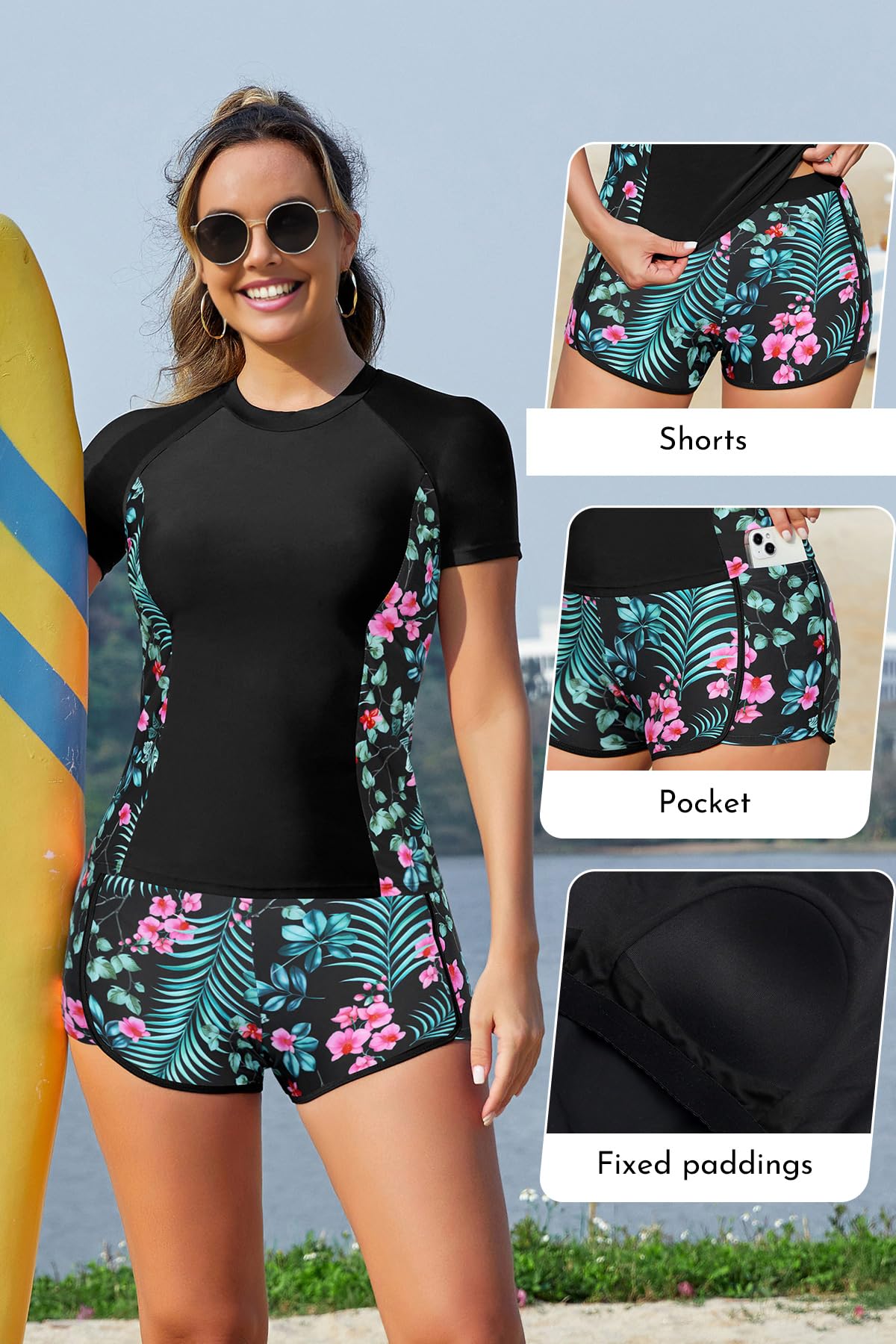 SHEKINI Rash Guard Set 2 Pièces Maillot de Bain Rashguard Imprimé Floral T-Shirt à Manches Courtes Shorts de Sport pour Surf Natation Séchage Rapide