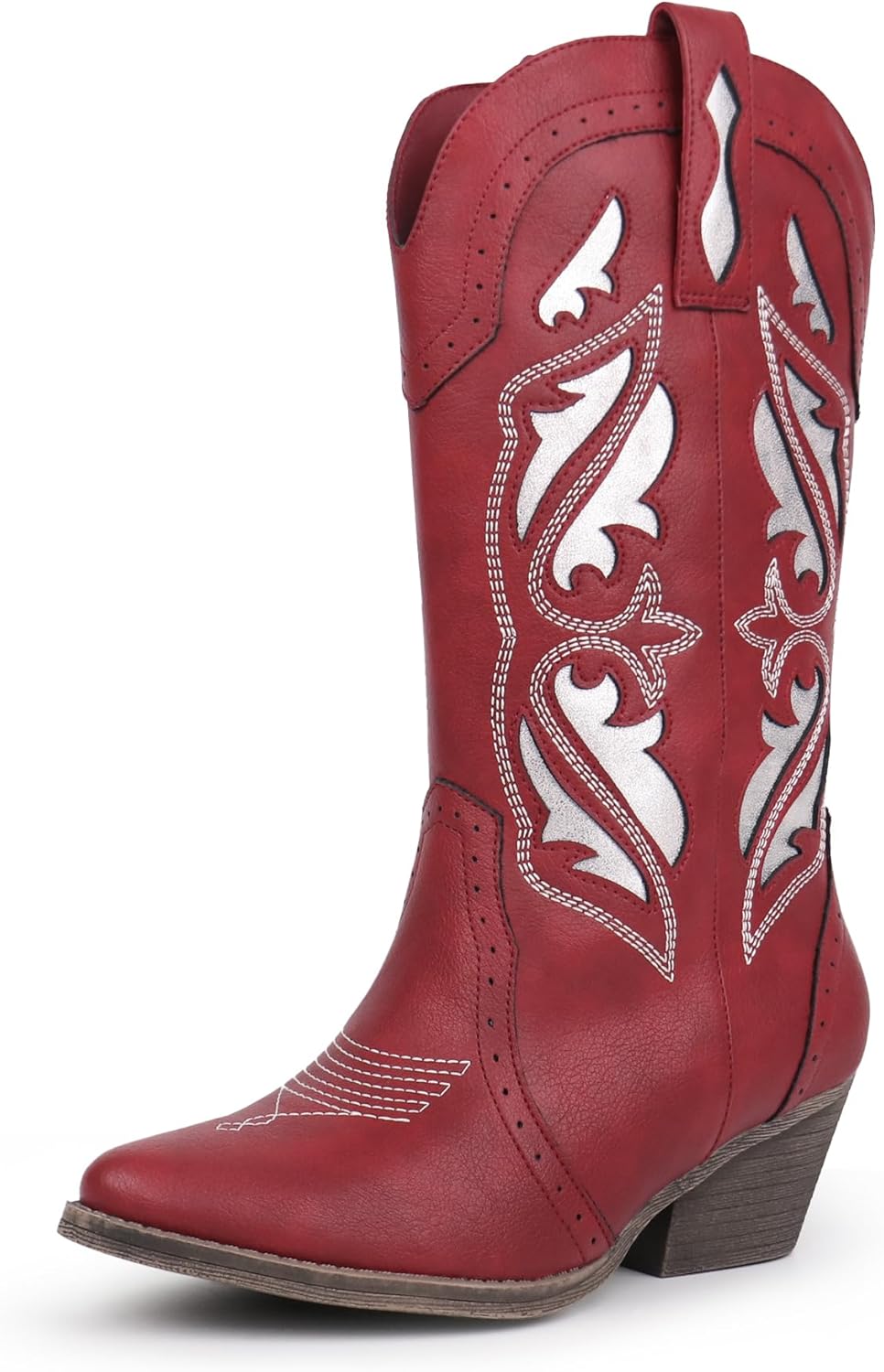 Hawkwell Women's Embroidered Stitched Mid Calf Cowboy Boots Pointed Toe Chunky Block Heel Classic Pull On Cowgirl Western Booties