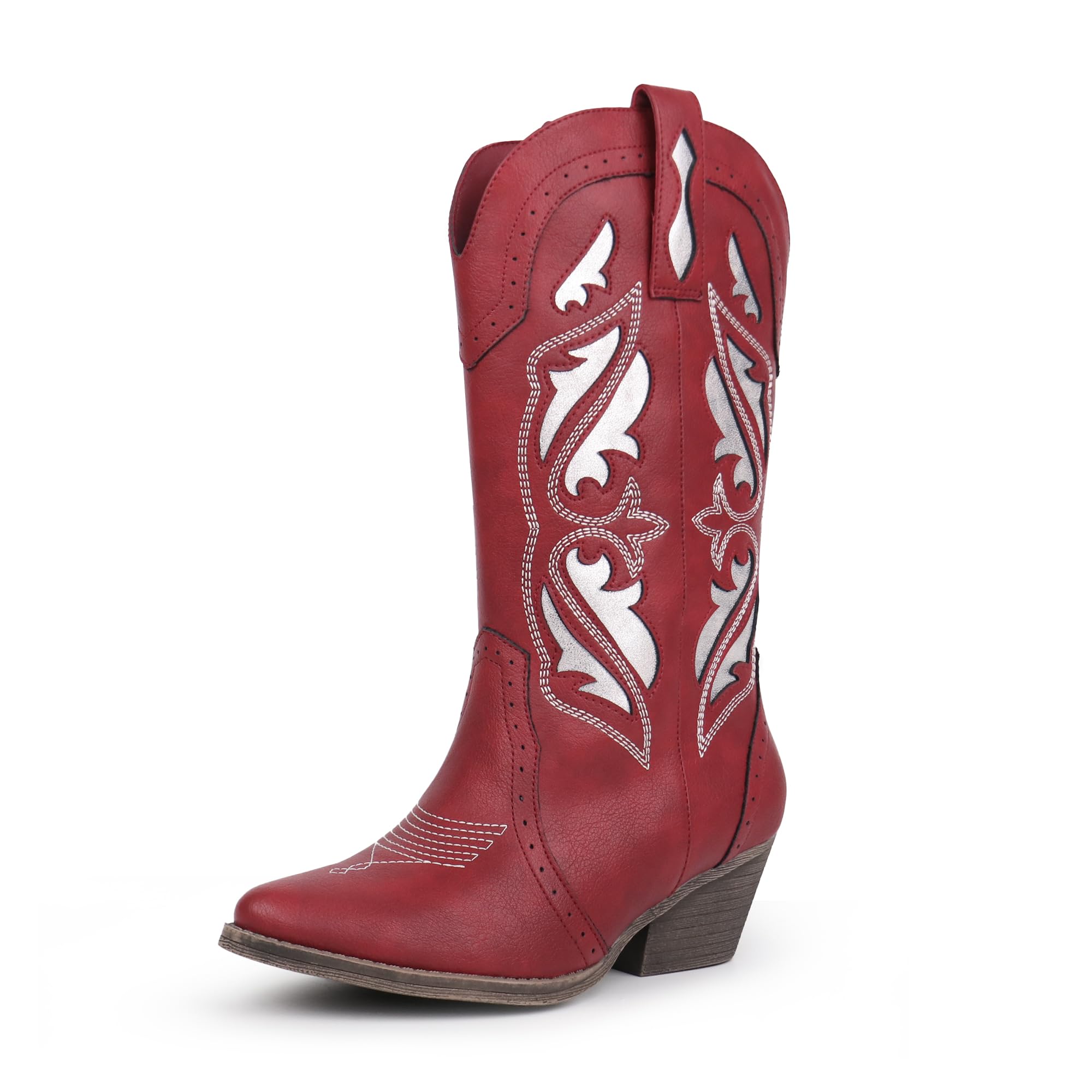 Hawkwell Damen Westernstiefel | Cowboystiefel mit Stickereien & Nähten, Schlupfdesign, Wadenlang, Spitze Zehen, Blockabsatz (Größe 36-42)