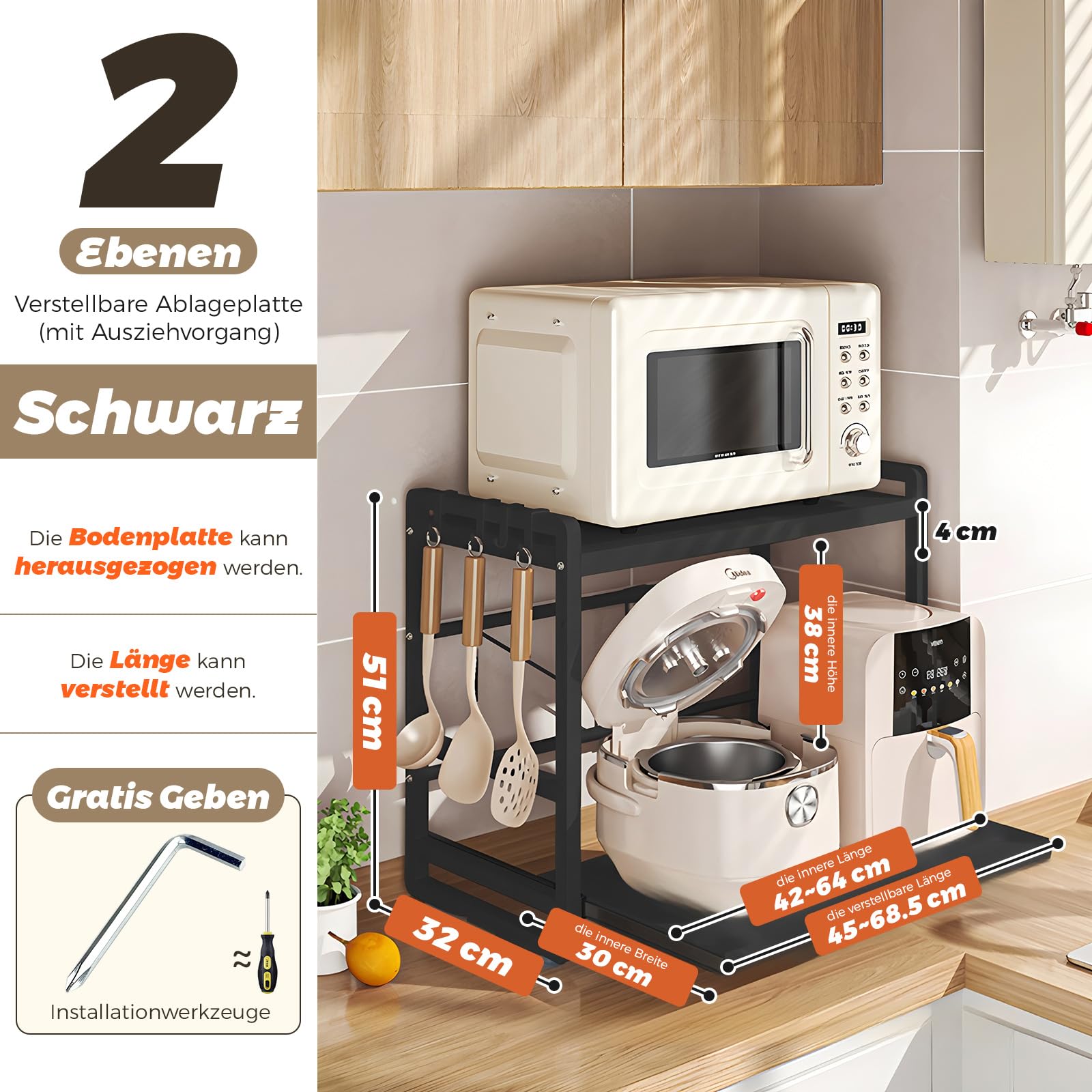 2-stüfiges Mikrowellenregal – Höhenverstellbare & Ausziehbare Küchen-Ablage mit Schublade – Aus Kohlenstoffstahl – Inkl. Haken & Verstärkungssaugnäpfen – Einfache Montage (Schwarz)