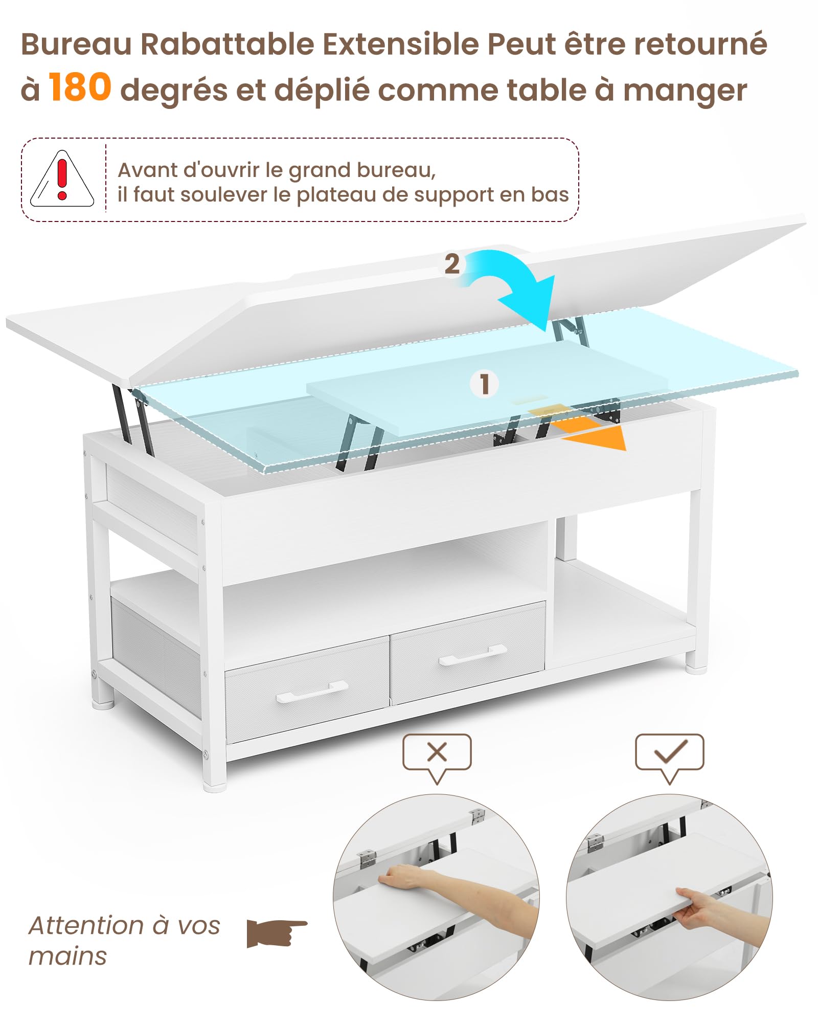 KIMENICH Table Basse Relevable, Table à Manger avec Plateau Pliant, avec 2 Tiroirs, avec Étagère de Rangement et Compartiment Caché, Tables Basse Extensible 3 en 1 pour Salon, Bureau (Blanc)