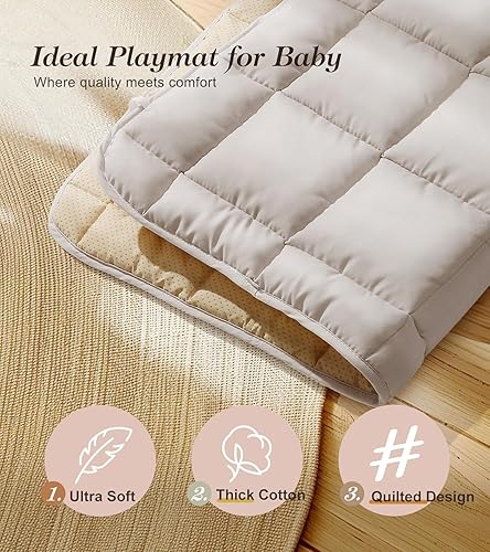 Miniatura 3 de Gimnasio de juego de madera con alfombrilla beige, gimnasio plegable para bebés, tapete de actividades para bebés con 6 juguetes colgantes, centro