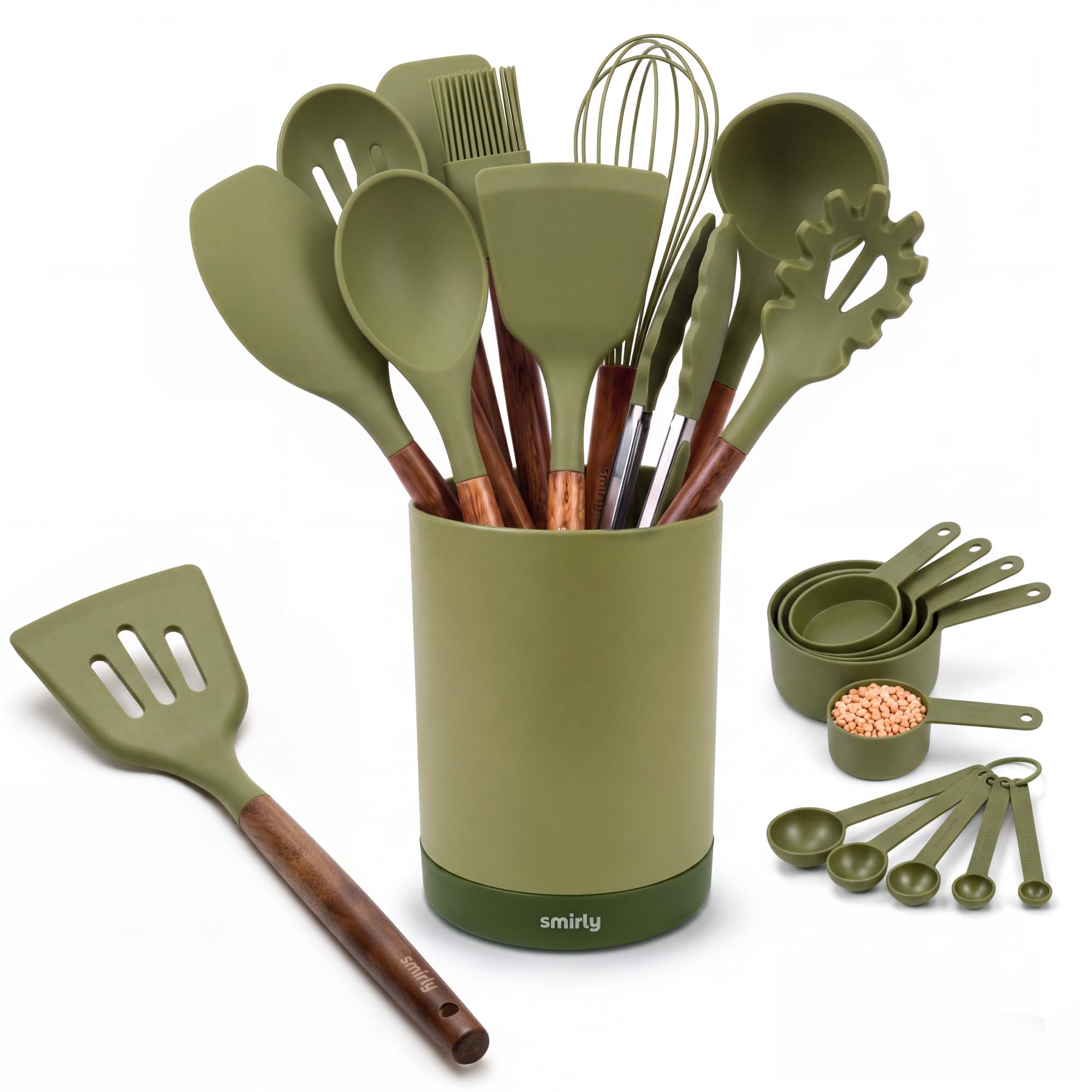 SMIRLY 22-Piece Silicone Kitchen Utensils Set in Green with Acacia Wood Handles