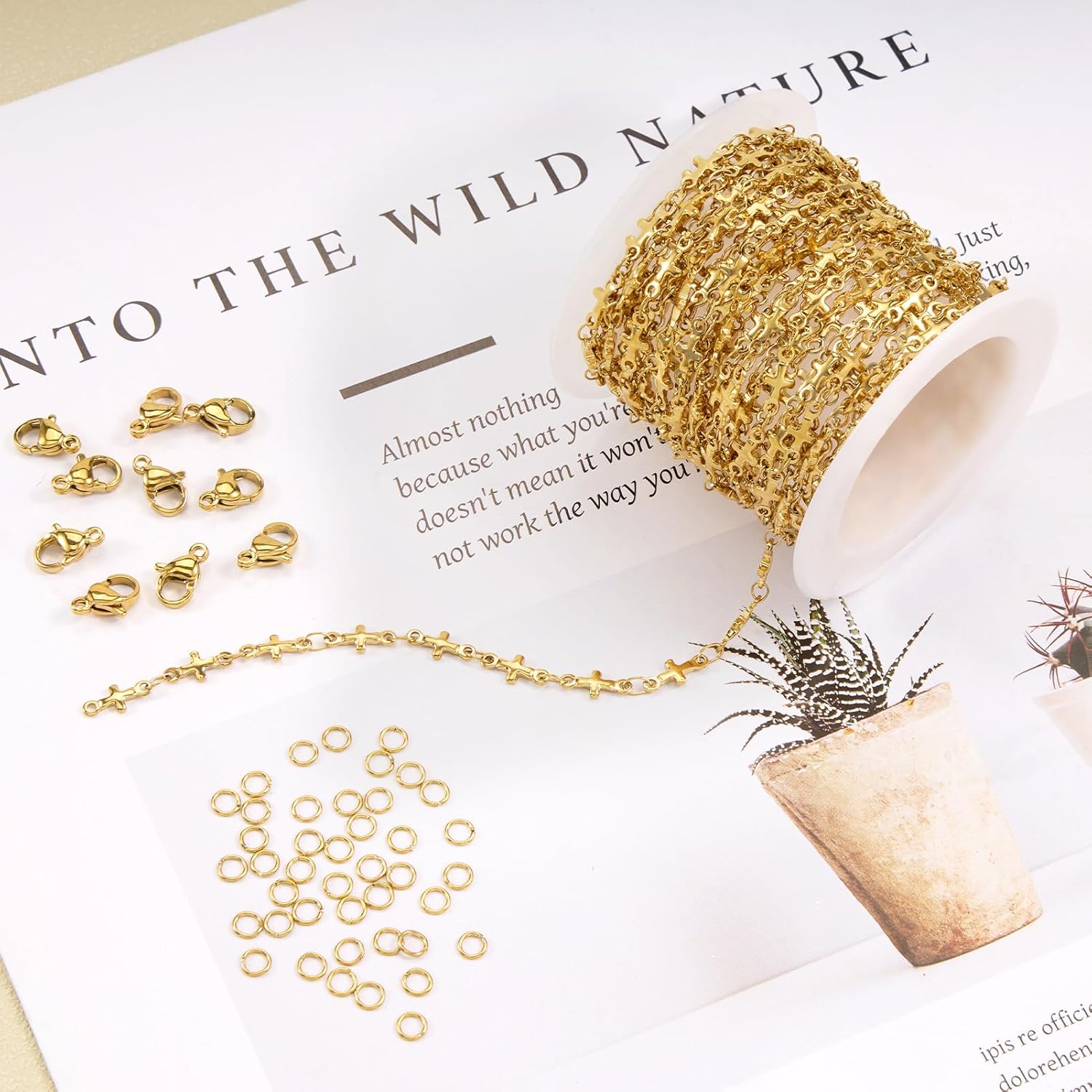 SMYHTGLIF 13 Feet Gold Cross Chain for Jewelry Making Stainless Steel Chain Bulk Craft Jewelry with Lobster Clasps and Jump Rings