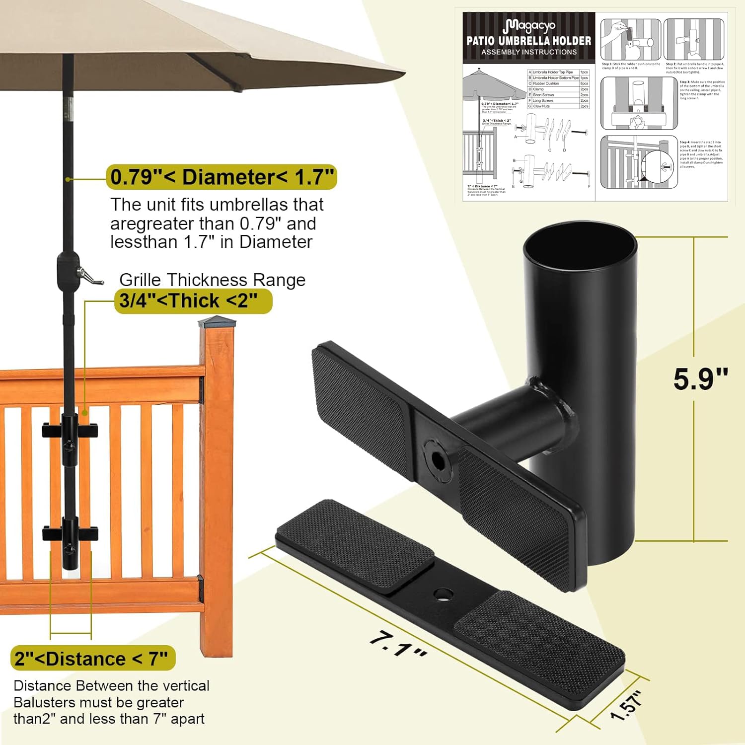 Adjustable Patio Umbrella Holder - Outdoor Umbrella Base and Stand Metal Clamp for Fixed Deck Railing and Poles
