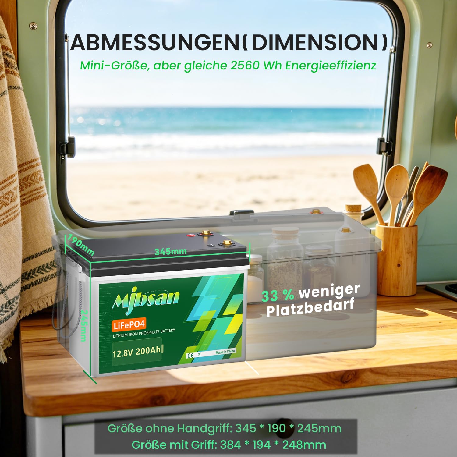 Mjbsan 12V LiFePO4 200Ah akumulator samochodowy z wbudowanym Bluetooth, 200A BMS, 2560Wh akumulator cyklu głębokiego, litowy, ponad 8000 cykli, idealny do kampera, przyczepy solarnej, łodzi i kempingu