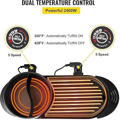 Miniatura 5 de VEVOR Parrilla eléctrica olla caliente 2 en 1, sartén multifuncional para interiores, control de temperatura dual separado, sartén antiadherente de