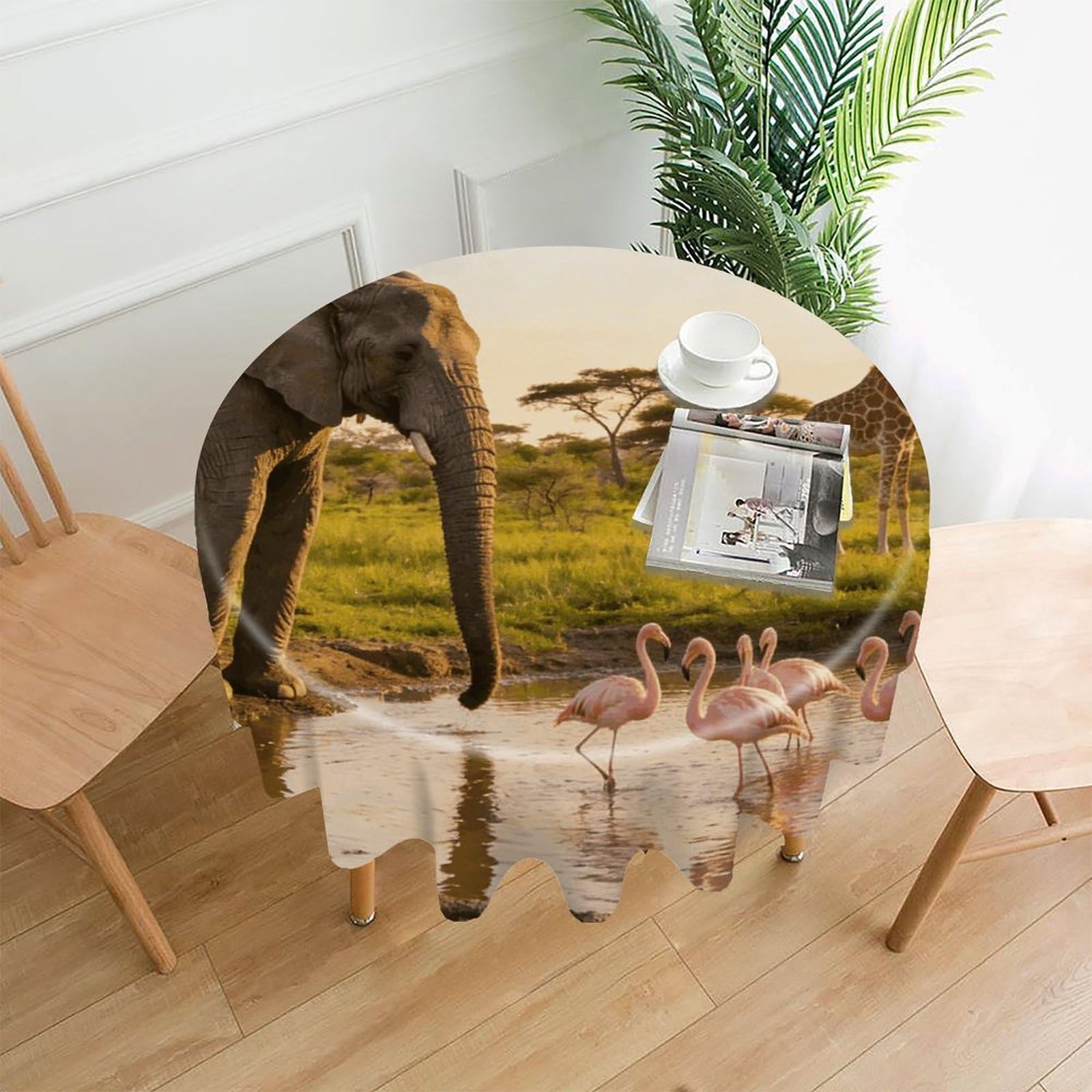 LZQPOEAS Elephant, Flamingo, Giraffe Tablecloth Easy to Clean Polyester Round Table Cover Washable Round Table Cloth Wrinkle-Free Circle Decoration Tablecloth for Kitchen and Dining Room 60"