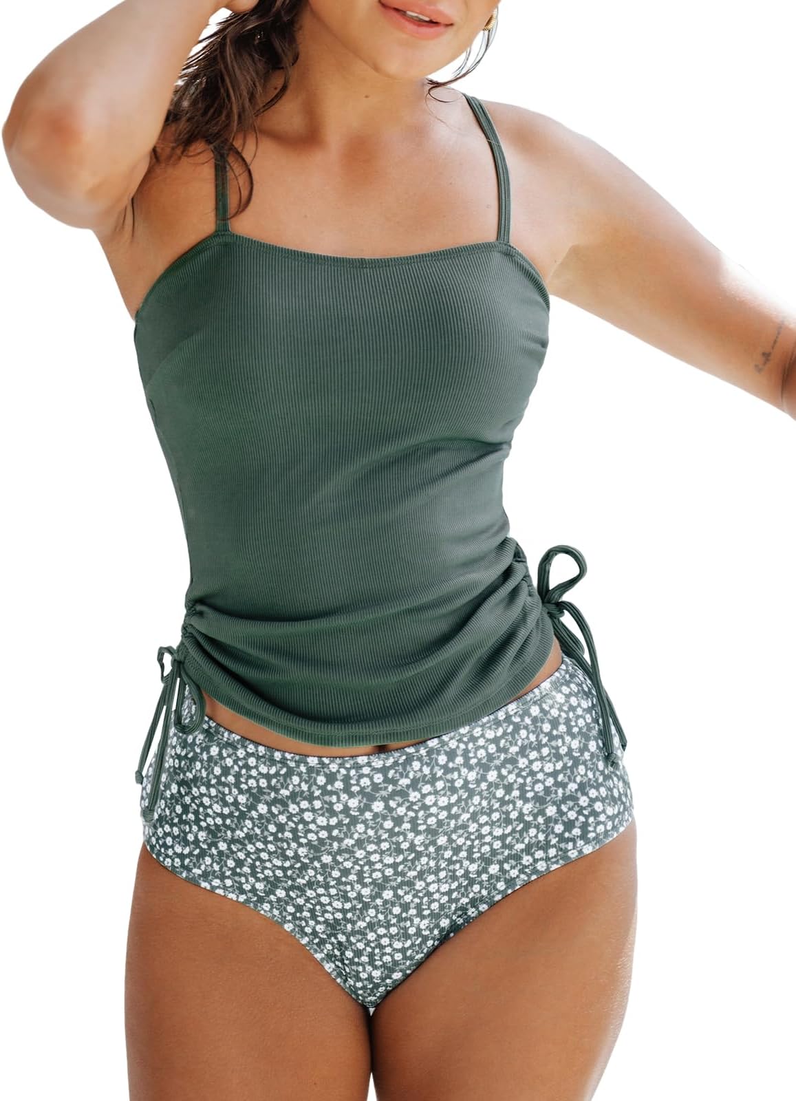 CUPSHEWomen's Tankini Set Two Piece Swimsuit Ruched Drawstring Bathing Suits with High Waisted Bottom Rib