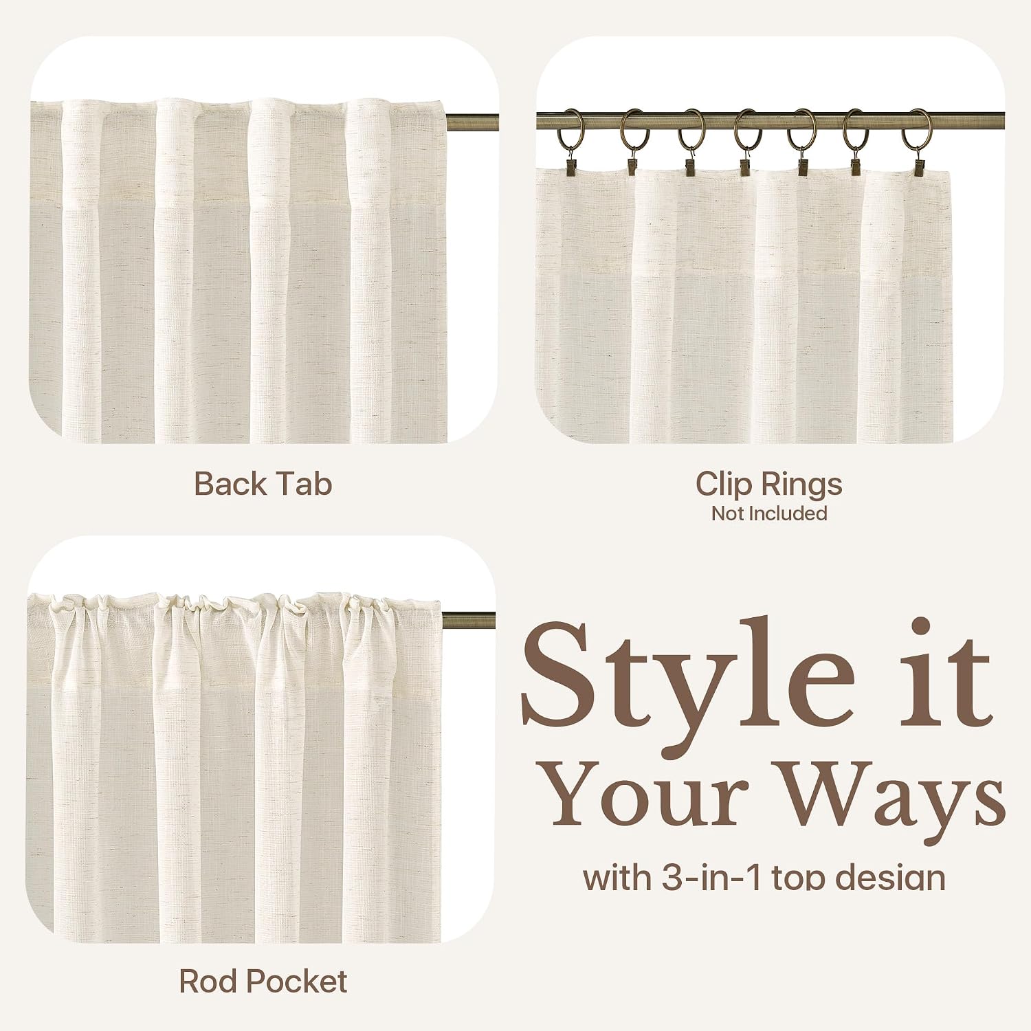 NICETOWN Sheer Linen Curtains 72 Inch Length for Bedroom Living Room 2 Panels, Ivory Rod Pocket & Back Tab Semi Sheer Drapes Privacy Semitransparent Farmhouse Window Treatment, W42 x L72 image 3