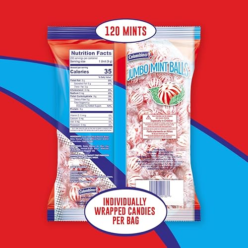Miniatura 6 de Colombina Bolas de menta gigantes bolas de caramelo duras de menta roja y blanca envueltas individualmente bolsa a granel con 120 piezas Bolsa de 24