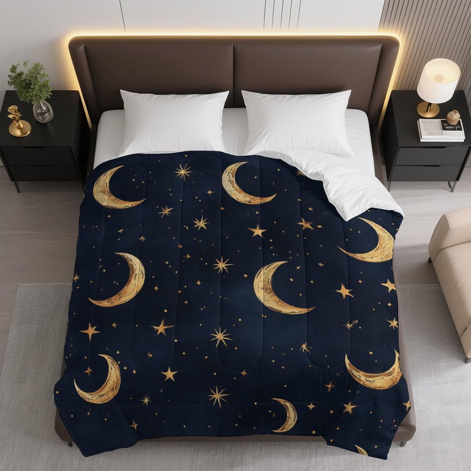 Moon Stars Night Sky Pattern Comforter Bedding Heavy Bed Blanket Soft Warm Fluffy All Seasons Only Quilt 173x218cm
