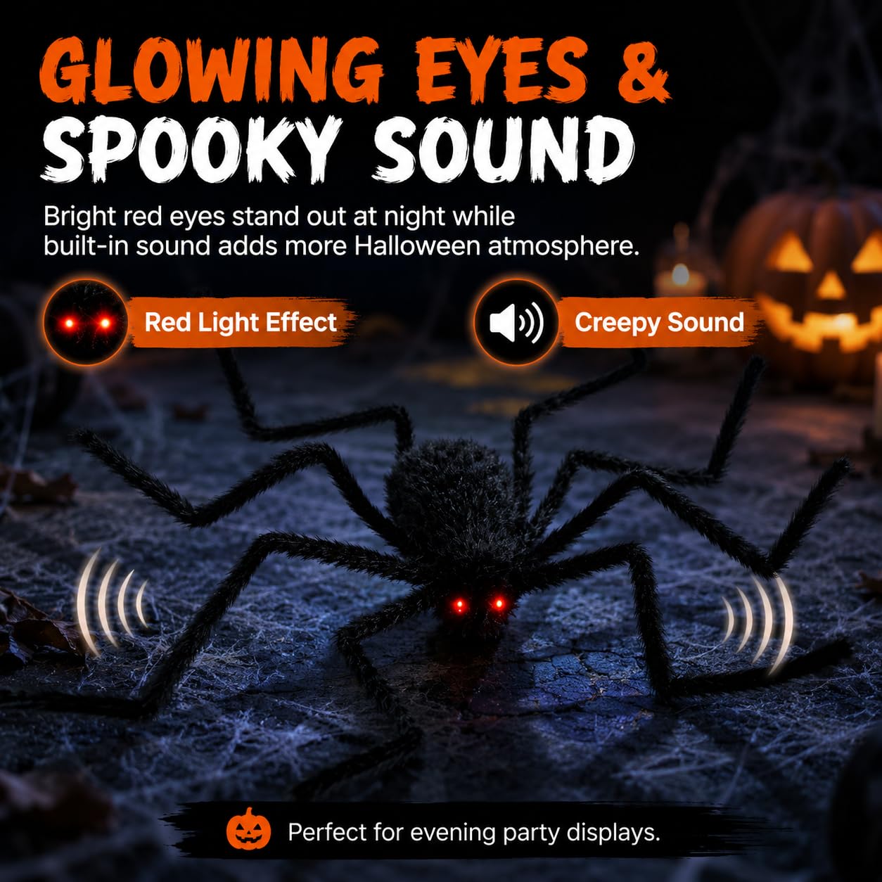 Duży Ruchomy Pająk Halloween, Dekoracja z Czerwonymi LED i Dźwiękiem