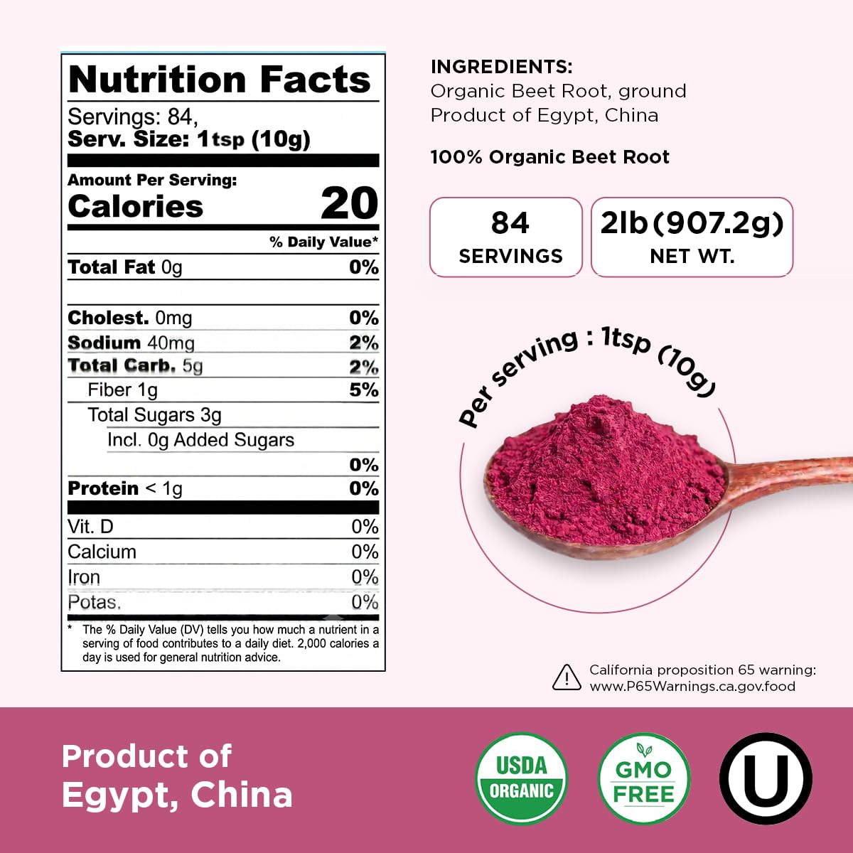HQOExpress Organic Beetroot Powder - Organic Superfood - Nitric Oxide Booster - Non-GMO - Kosher - Sustainably Grown - 34oz Chef Jar — Amazon image 2