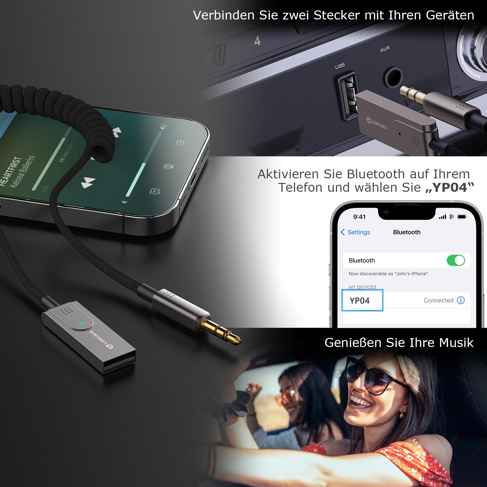 Bluetooth 5.3 Aux Adapter für Auto, KFZ, Kopfhörer, Lautsprecher, Heimkino und Verstärker, USB zu 3.5mm Bluetooth Empfänger für Sprachnavigation, Freisprechanrufe, Unterstützt 2 Smartphones