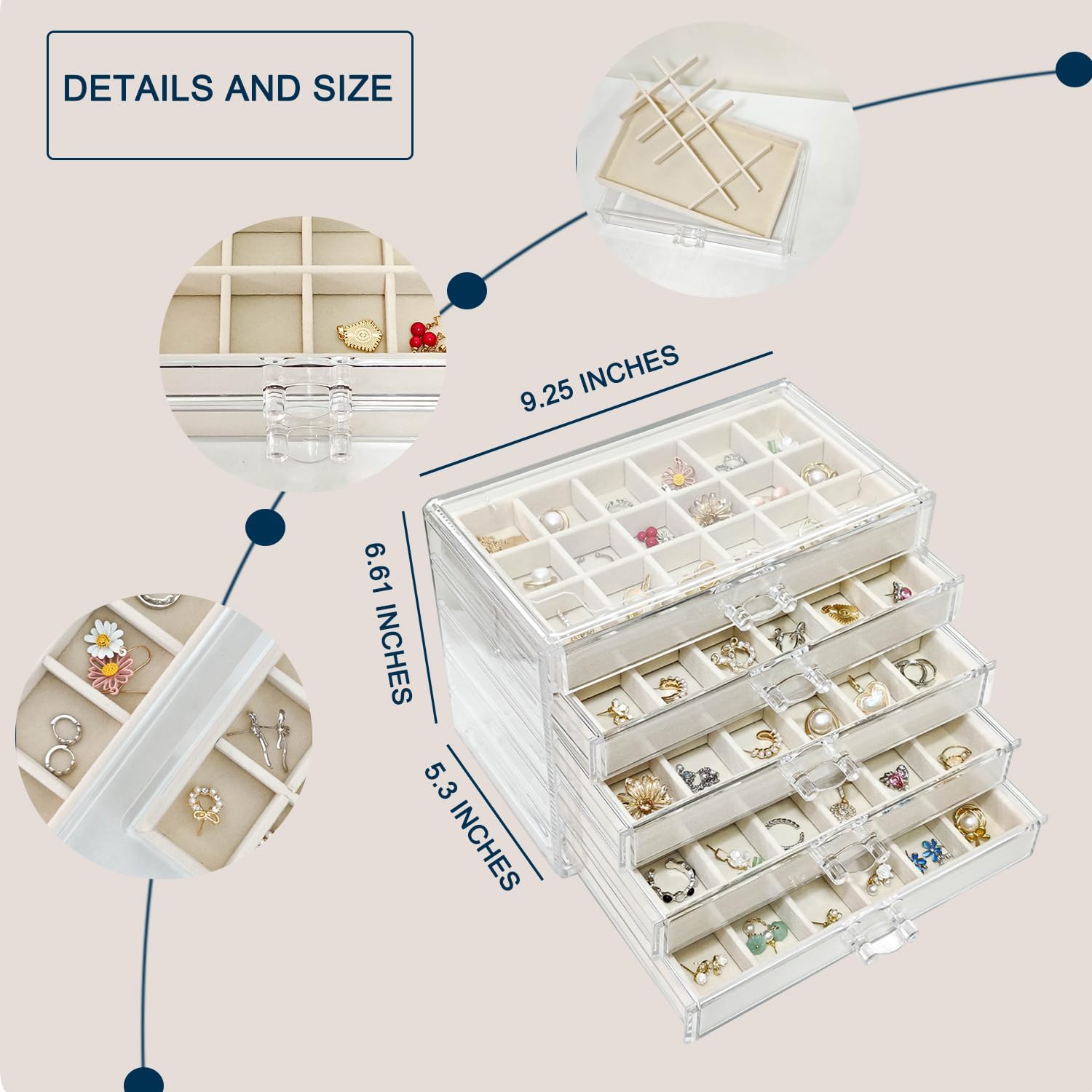 Acrylic Earring Holder Organizer with 5 Drawers Clear Earring Organizer Box with 90 Adjustable Grids Velvet Earring Display Case Jewelry Organizer for Earrings Rings Studs (Beige)