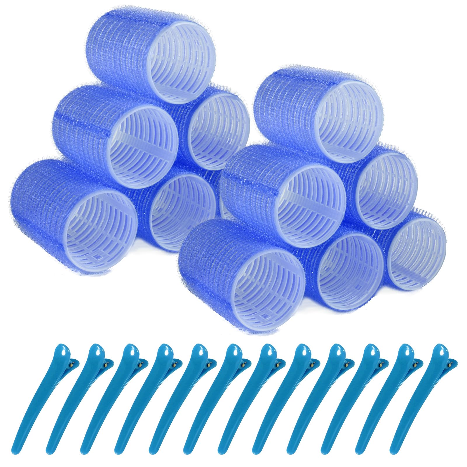 Hair Rollers, 12 Pack Hair Curler Large Hair Rollers for Women, Self Grip Hair Roller with Clips, Blue