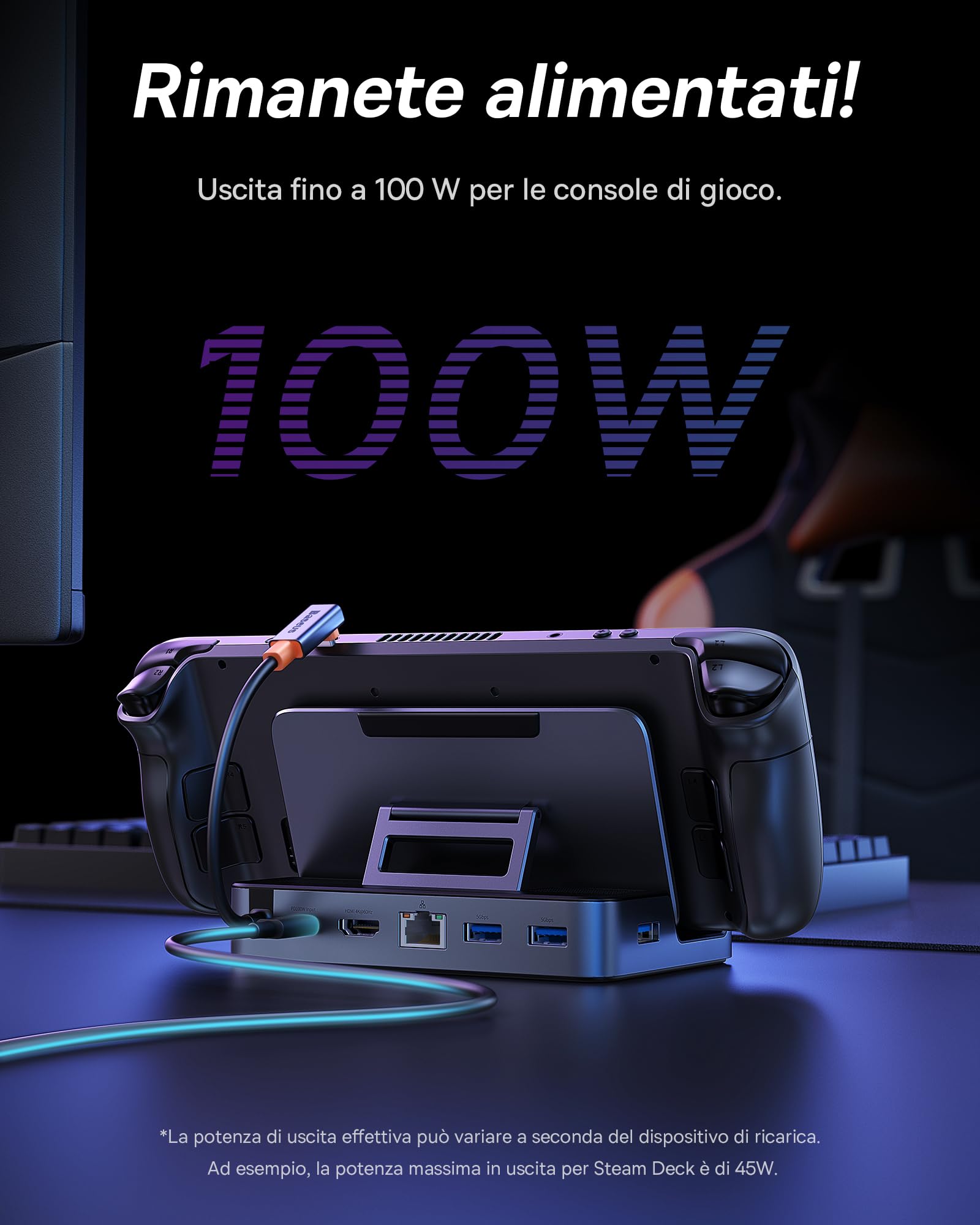 Baseus Steam Deck Dock, Docking Station 6-in-1 Per Steam Deck USB C Con HDMI 4K@60Hz, 3 Porte USB-A 3.0, Design Del Supporto Regolabile E PD 100W Per Ricarica Rapida
