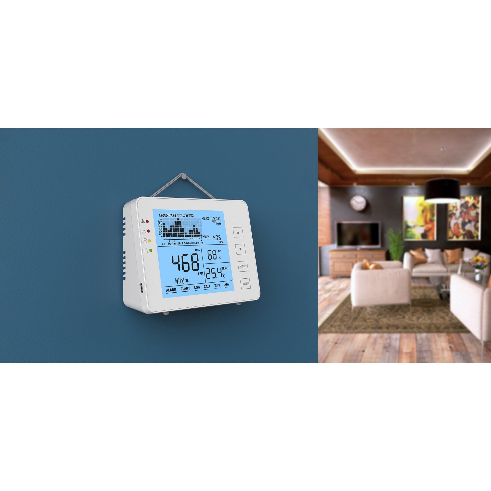Seben 1200P W Medidor y monitor de CO2 con semáforo, alarma acústica, registrador de datos para la medición de la calidad del aire