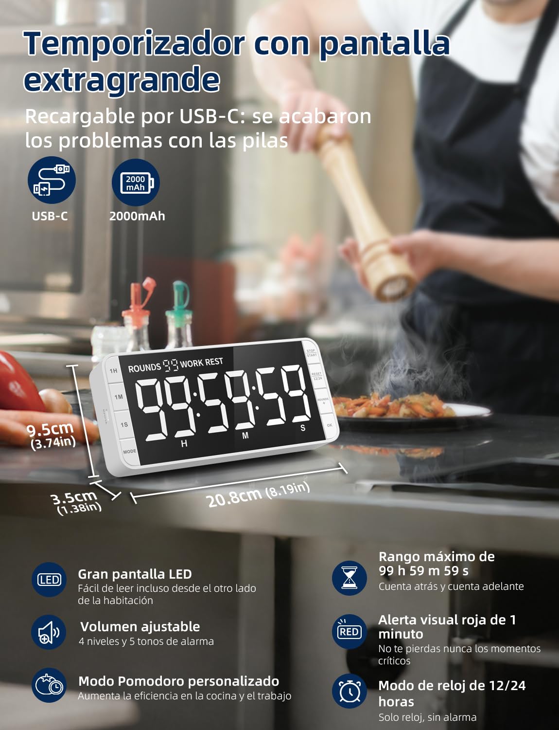 Temporizador Cocina: 99h 59min 59sec, Cuenta reg./Prog., Recargable, Digital con intervalos, LED 7.8'' Grande, 3 Brillos, 5 alarmas, 4 volúmenes, magnético para aulas (Blanco)