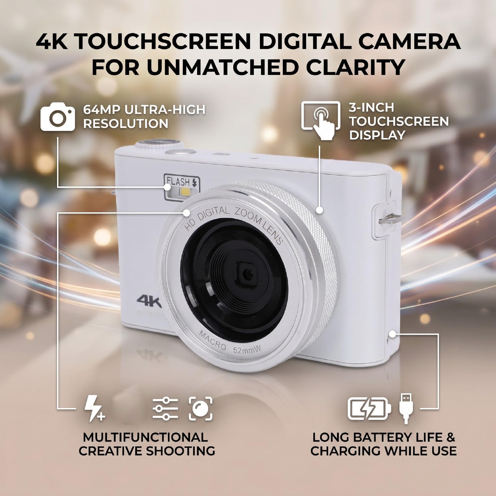 ASHATA Fotocamera Digitale 4K da 64 MP per la Fotografia (WHITE)