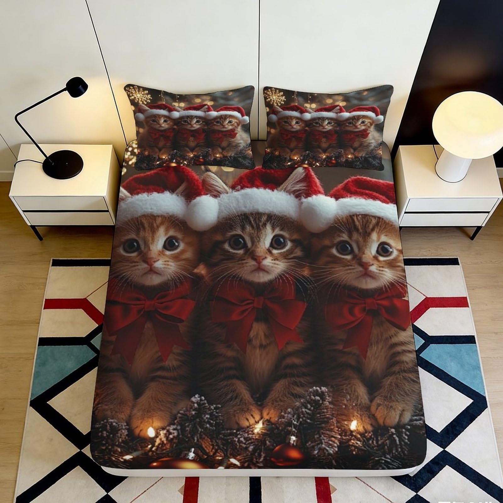 Pnayamiorkfel Style-10 3D Printed Christmas Kittens Fitted Sheet Microfiber Soft Breathable Santa Cats Bed Sheet For Bedroom Guest Room Decor 90X200x25cm