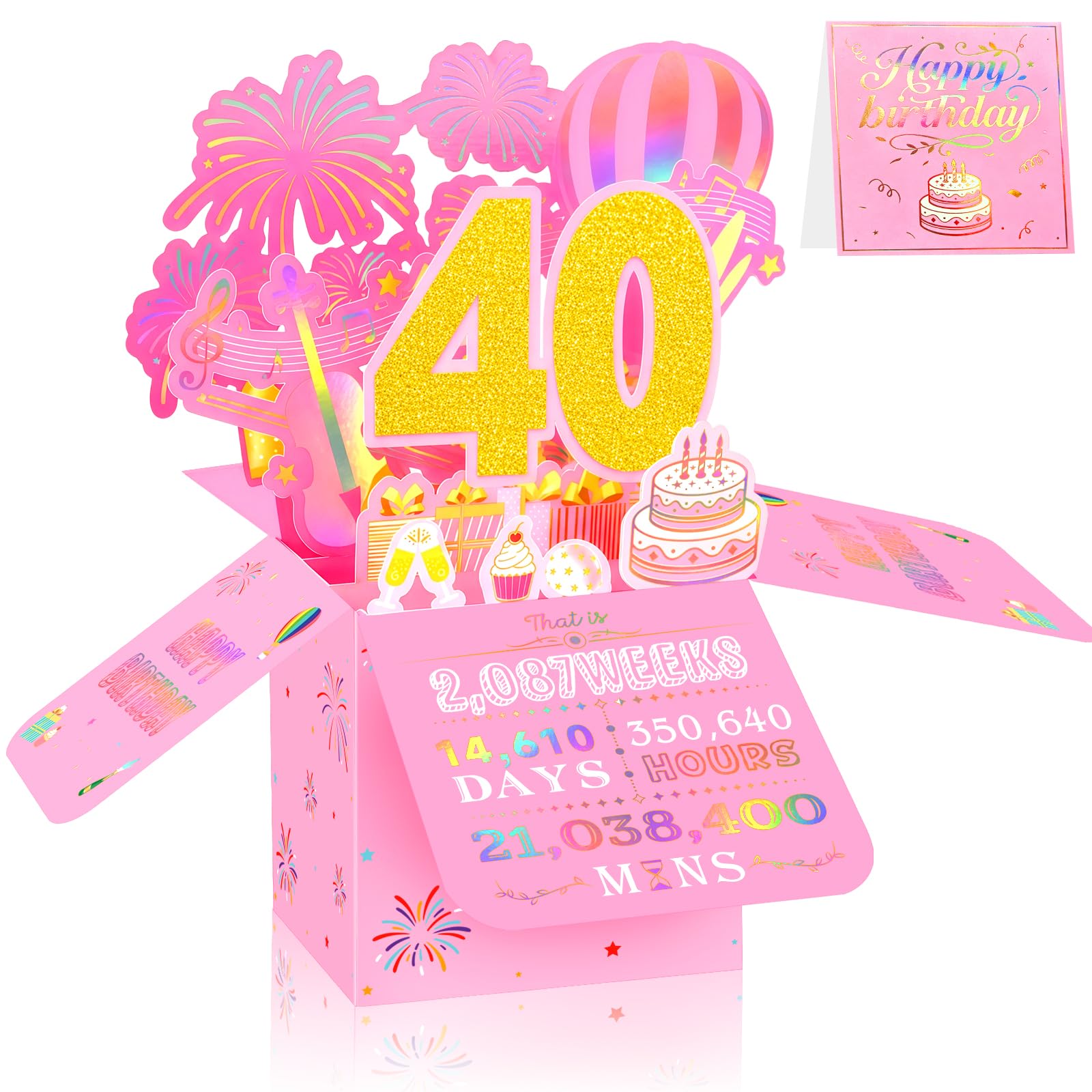 40th Birthday Card for Women, 3D Pop Up Birthday Greeting Card, Pink & Gold 40 Years Old Birthday Decorations for Her, Ideal for Mother, Sister, and Special Cousin