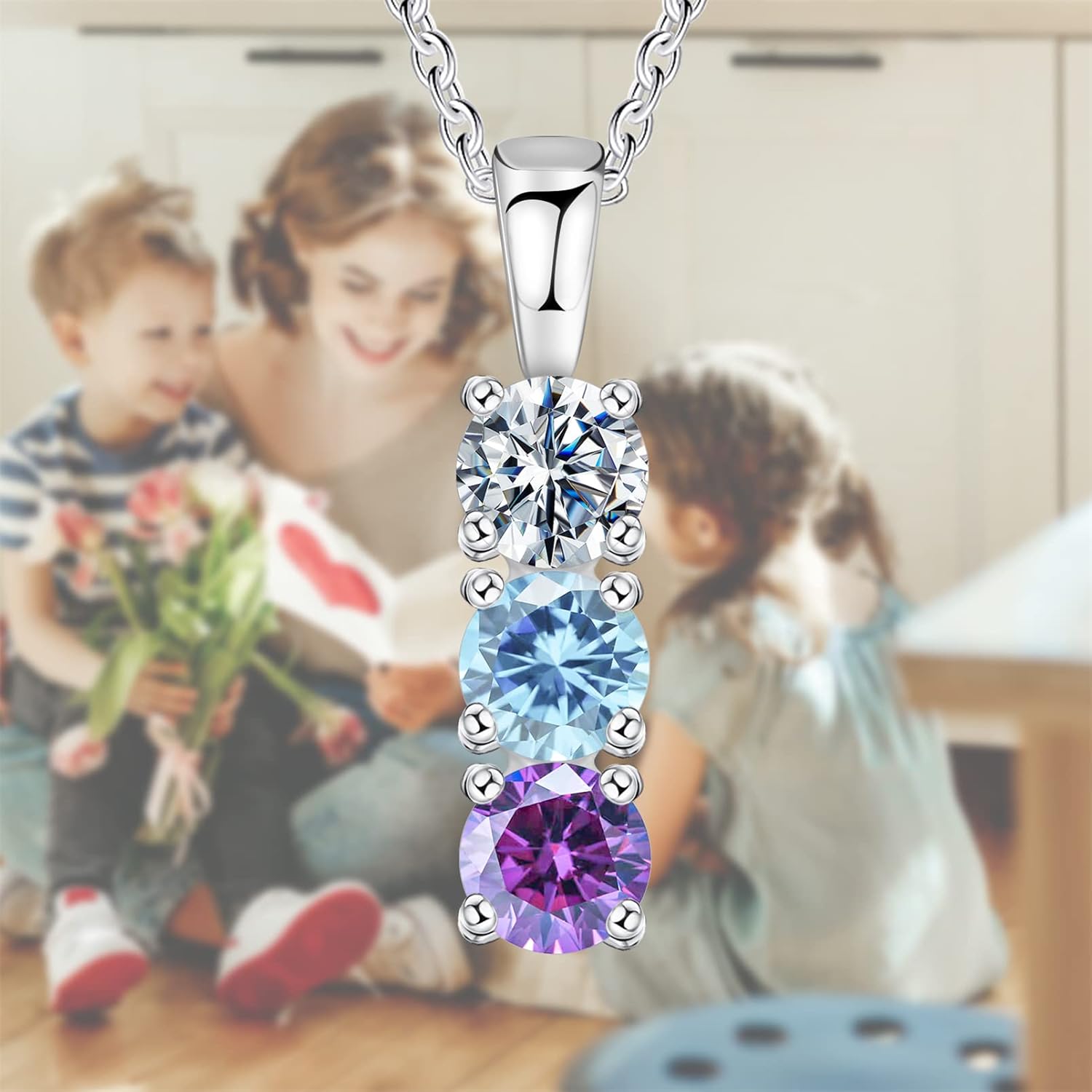 925 Sterling Silver Personalized Simulated Birthstones Necklace for Mother Custom Mother Necklaces with 1-6 Birthstones Personalized Family Necklace for Mother's Day Christmas