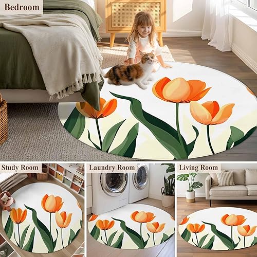 Miniatura 5 de Round Rugs 8ft, Orange Tulip Non-Slip Area Rugs for Living Room Bedroom Entryway, Watercolor Retro Elegant Botanical Washable Carpet Runner Rug for