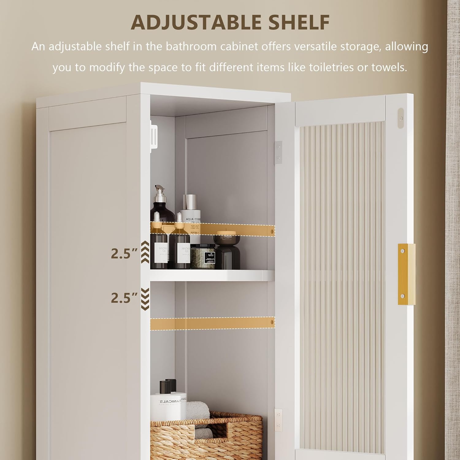 iPormis 67" Tall Bathroom Storage Cabinet with Reeded Glass Door, 1 Drawer, Removable Laundry Basket & Adjustable Shelf, Freestanding Narrow Cabinet for Bathroom, Living Room, Small Spaces, White