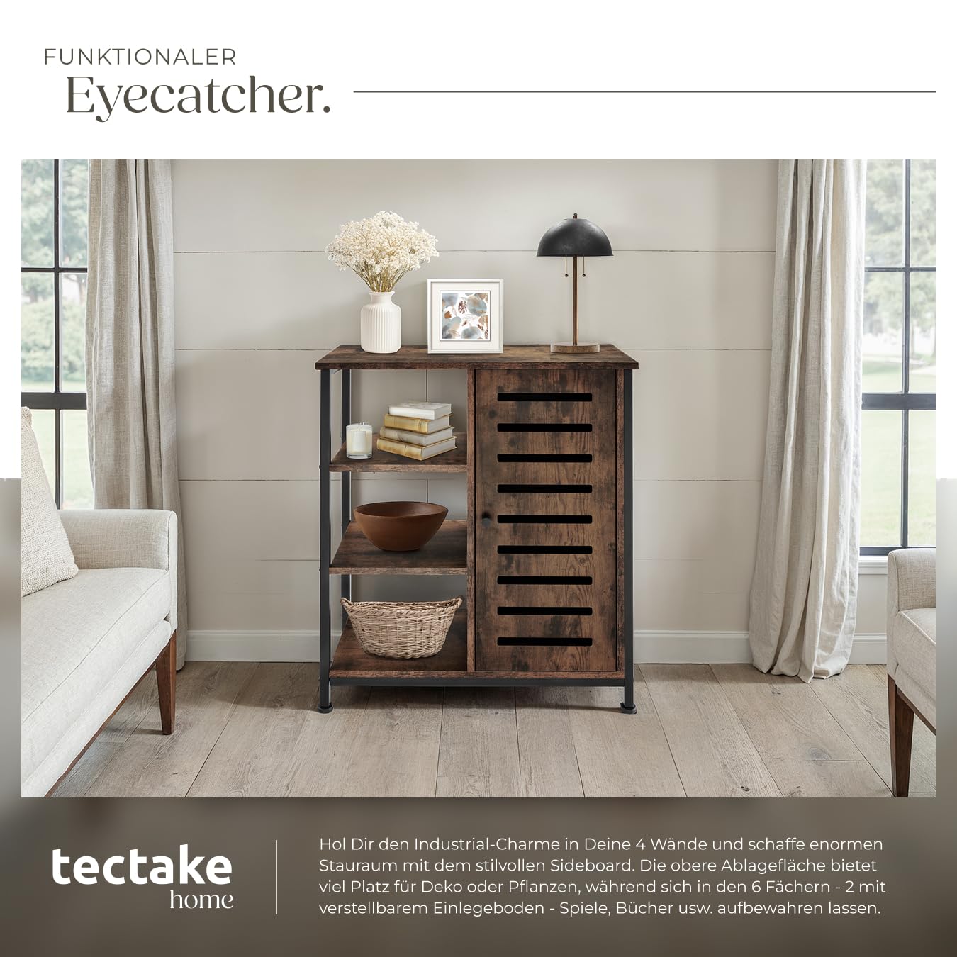 tectake® Industrial Sideboard, Kommode Schlafzimmer mit 3 Fächern und Schrankfach, TV Schrank 71 x 32 x 82 cm, Flur Möbel, Wohnzimmerschrank, Cabinet (Tür rechts, Industrial Dunkelbraun)