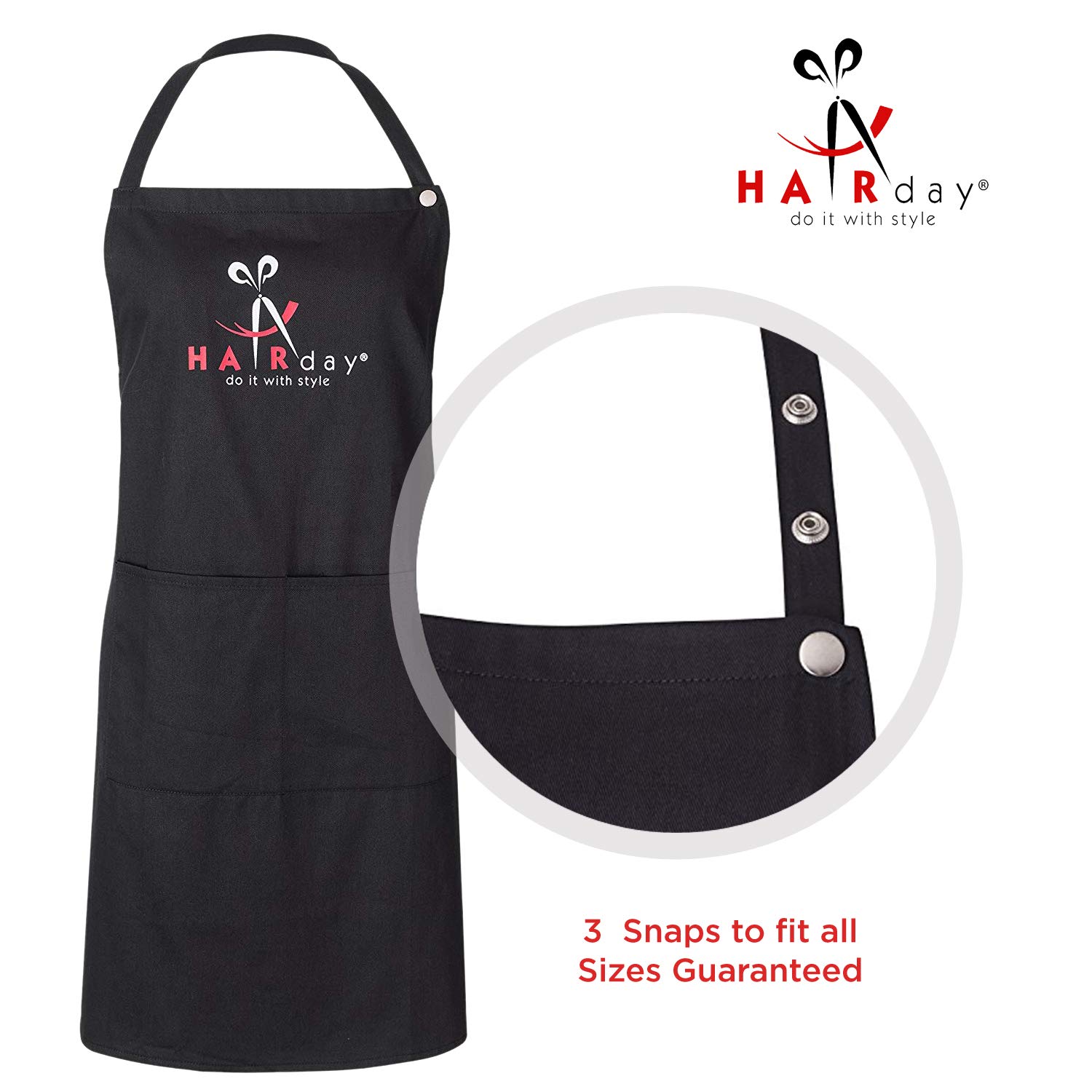 Black Bib Apron With Pockets and Snap Closure – 100% Cotton Reusable and Washable Smock for Hairstylists, Barbers, Salons, Kitchens and More, Adjustable Ties, Men’s and Women’s