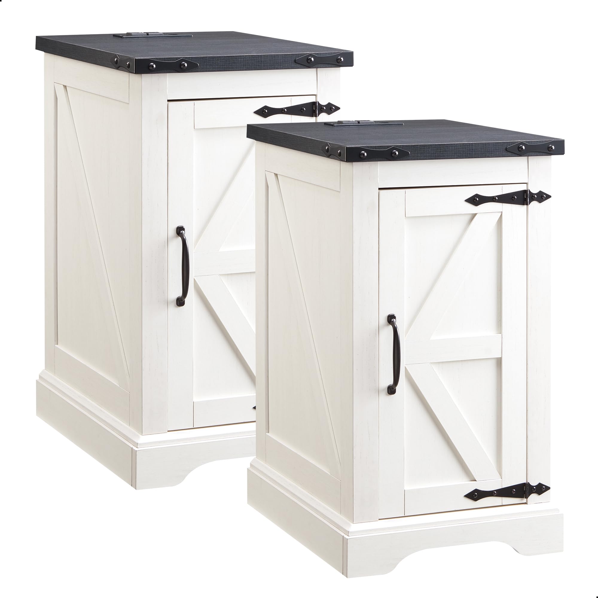 white farmhouse nightstand set with charging station and storage shelf