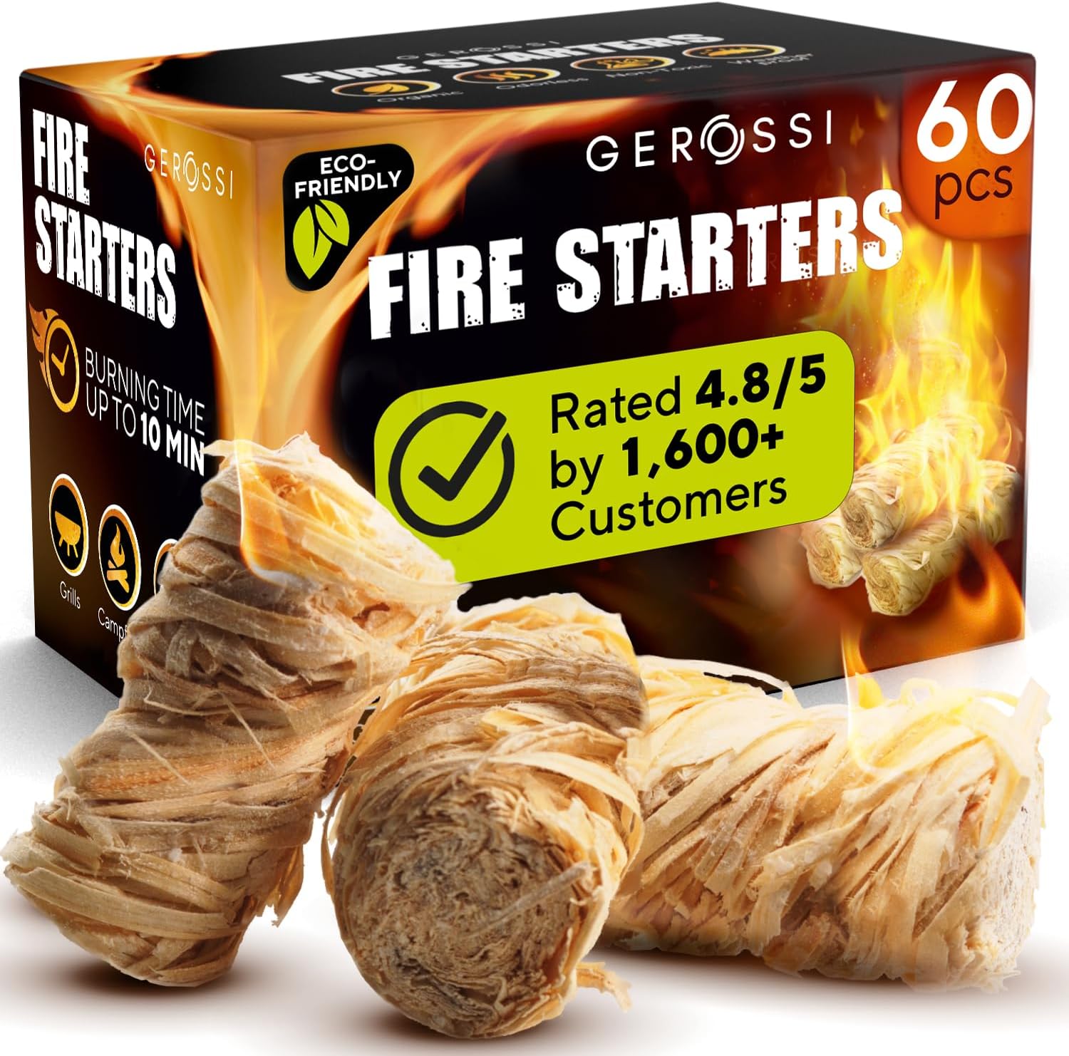 Fire Starter - Natural Pine Fire Starters for Fireplace, Campfires, Grill, Wood & Pellet Stove, Chimney, Fire Pit, BBQ, Smoker - 60 Pack w/10 Min Burning Time - All Weather & Odorless Firestarter